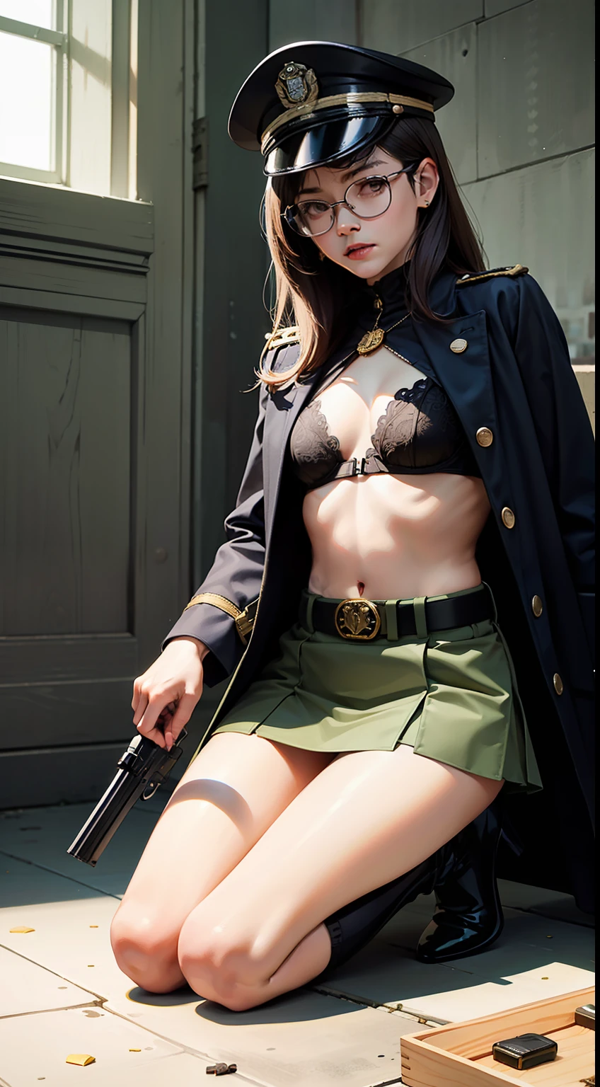 inbox\(ttp\), Masterpiece, super fine, super high resolution ,(8k, RAW photo, best quality, masterpiece:1.2), (realistic, photo-realistic:1.37), full body,
((in a toy box with window)), red box, ruins for background tall girl,
1girl, Asian girl,Absolutely beautiful girl,solo, full body,
Hanging military cap, hanging tie, photo frame, photo, hanging military uniform, hanging white shirt, women's watch, pocket watch, hanging short skirt, socks, belt, gold belt buckle, red first aid kit, black boots
Documents, medals, glasses, cosmetics, clutches, small bags, bottled cosmetics, VIP cards
Cloak, army coat, revolver, pistol bullet, Swiss army knife, tactical equipment, sabre, rifle, M4A1, rifle magazine, rifle bullet, smoke grenade
Police Department, Gotham Police Department, crime scene,
Wear only underwear with high heels, dark bra, dark panties
Cold light, contour light, cinematic lighting
kneeling, sideways glance