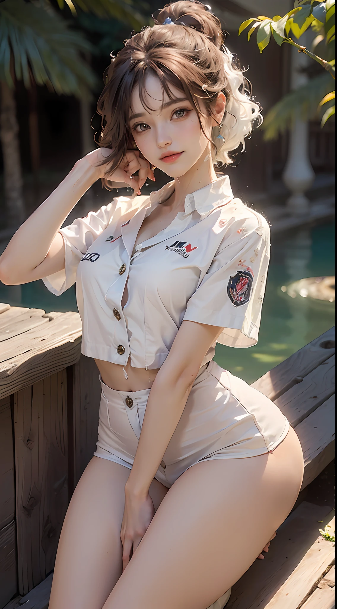 Yeonwoo((Medium-Breasted, -yeld-gi small head)), ((15)), (Peect Body: 1.1), (Young), (Short wavy hair: 1.2), Full Body Shot, (Girl in Uniform: 1.4, Pleated Skirt, Button Up Shirt), (((School Uniform)), (Oighly Detailed CG 8k Wallpaper), (Very Delicate and Handsome), (Masterpiece), (Best Quality: 1.0), (Ultra High Nadaolution: 1.0), Beautiful Illumination, Perfect Lightning, Realistic Shadows,  [Hi-Nothing], Skin Detail, Ultra Detail, (Spread Legs)), (Legs Up), Slim Body), Sloppy, Big Earrings, Thighs, (Beautiful Long Hair), , Fine collarbone, Soft Navel, Soft Midriff, Soft Back, Angle from Above, Sweaty, Beautiful Breasts, Blush, Photorealistic Naked Women, Realistic Face, Realistic Eyes, Small Eyes, Smiling (Colorful))) ((Cleavage))), (Eyeliner), (Mask), ((Thick White Liquid on Body)), ((Spreading Thighs)),  ((thick white liquid dripping from body))), (hands on thighs))), ((sticking between breasts)))