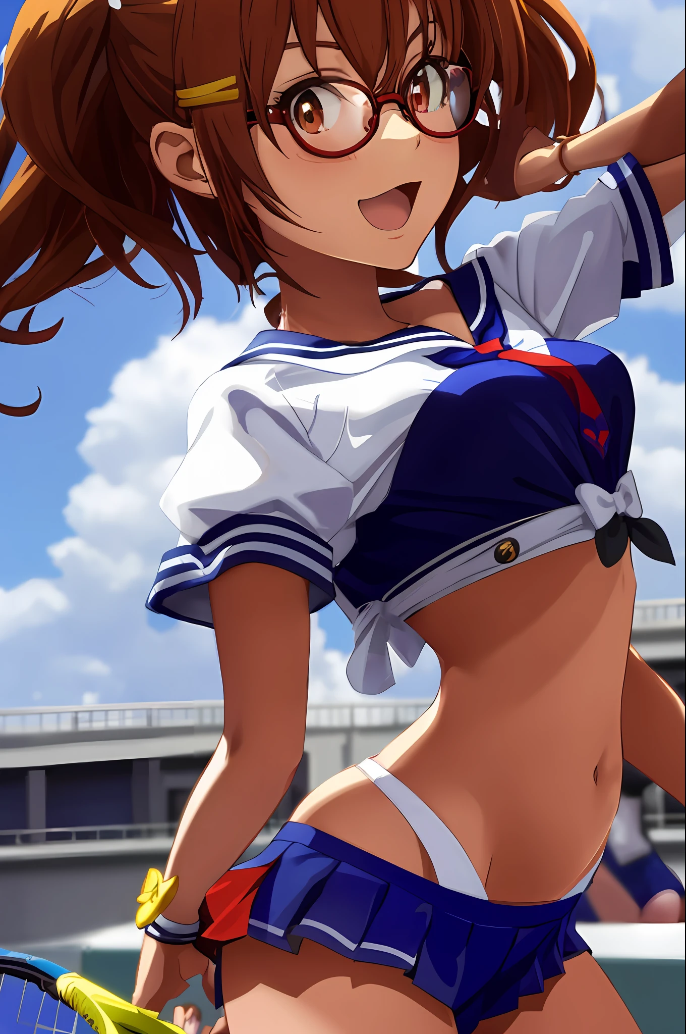 anime girl in a sailor outfit with glasses and a tennis racket, idolmaster, azur lane style, makoto, from the azur lane videogame, ecchi, rin, photorealistic anime girl render, smooth anime cg art, render of a cute 3d anime girl, nagatoro, oppai, kantai collection style, ikki tousen