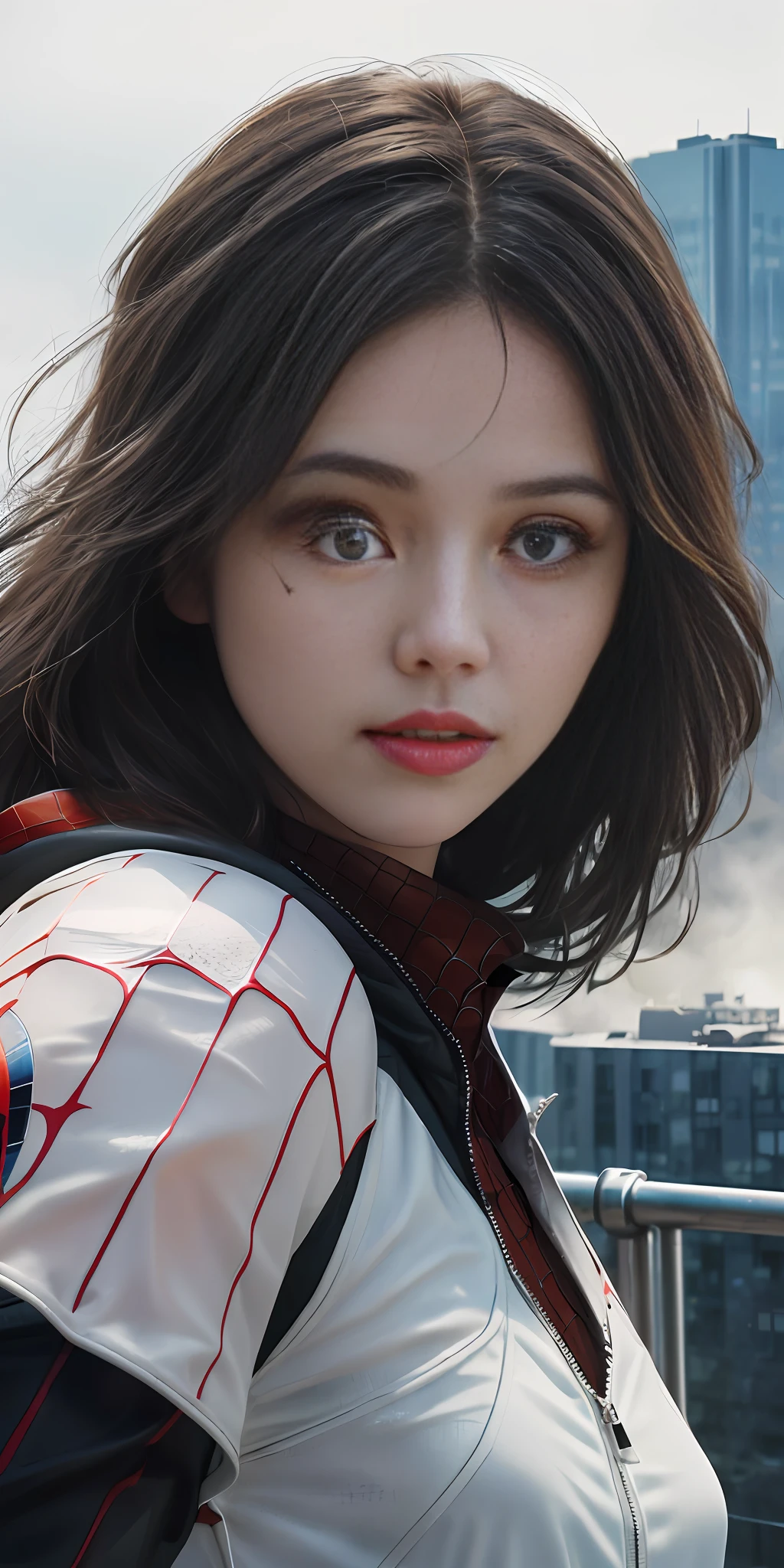 (1girl:1.3), Solo, (((Very detailed face)))), ((Very detailed eyes and face)))), Beautiful detail eyes, Body parts__, Official art, Unified 8k wallpaper, Super detailed, beautiful and beautiful, beautiful, masterpiece, best quality, original, masterpiece, super fine photo, best quality, super high resolution, realistic realism, sunlight, full body portrait, amazing beauty, dynamic pose, delicate face, vibrant eyes, (from the front), She wears Spider-Man suit, red and black color scheme, spider, very detailed city roof background, rooftop, overlooking the city, detailed face, detailed complex busy background, messy, gorgeous, milky white, highly detailed skin, realistic skin details, visible pores, clear focus, volumetric fog, 8k uhd, DSLR, high quality, film grain, fair skin, photo realism, lomography, futuristic dystopian megalopolis, translucent