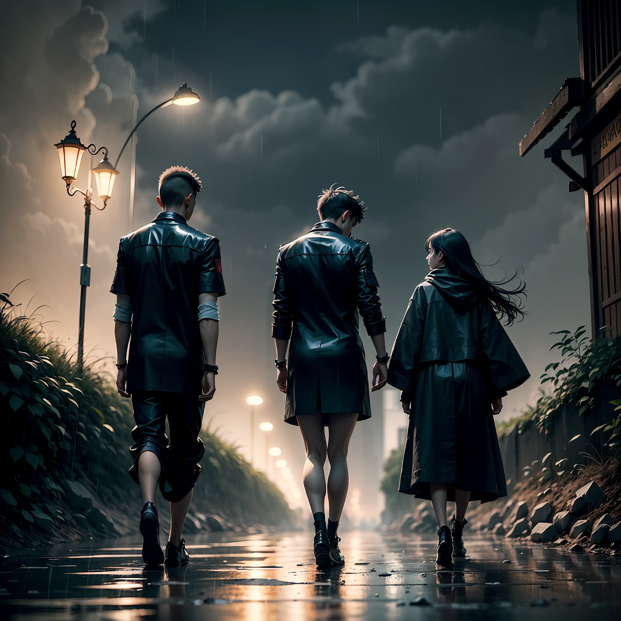 In the rain, one wears ancient warrior-style clothes and walks away, while another boy walks in the opposite direction, the girl walks firmly into the distance, the boy walks lonely with his head down, and the overall feeling of the picture is black according to the tone --auto