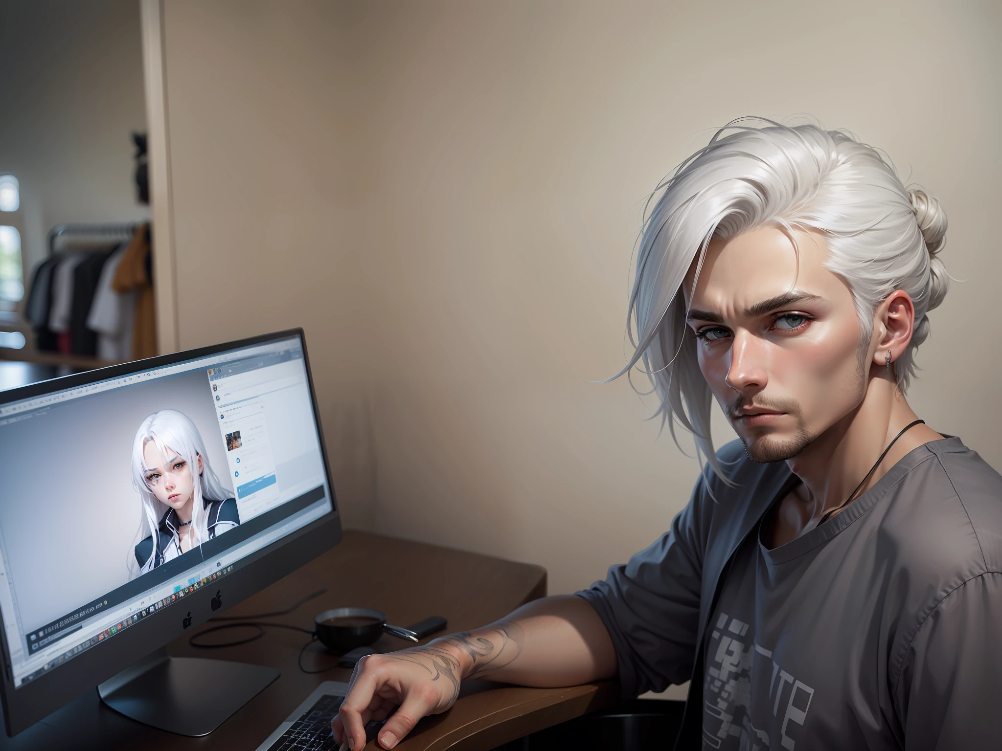 Anime,white hair,man, realistic style.