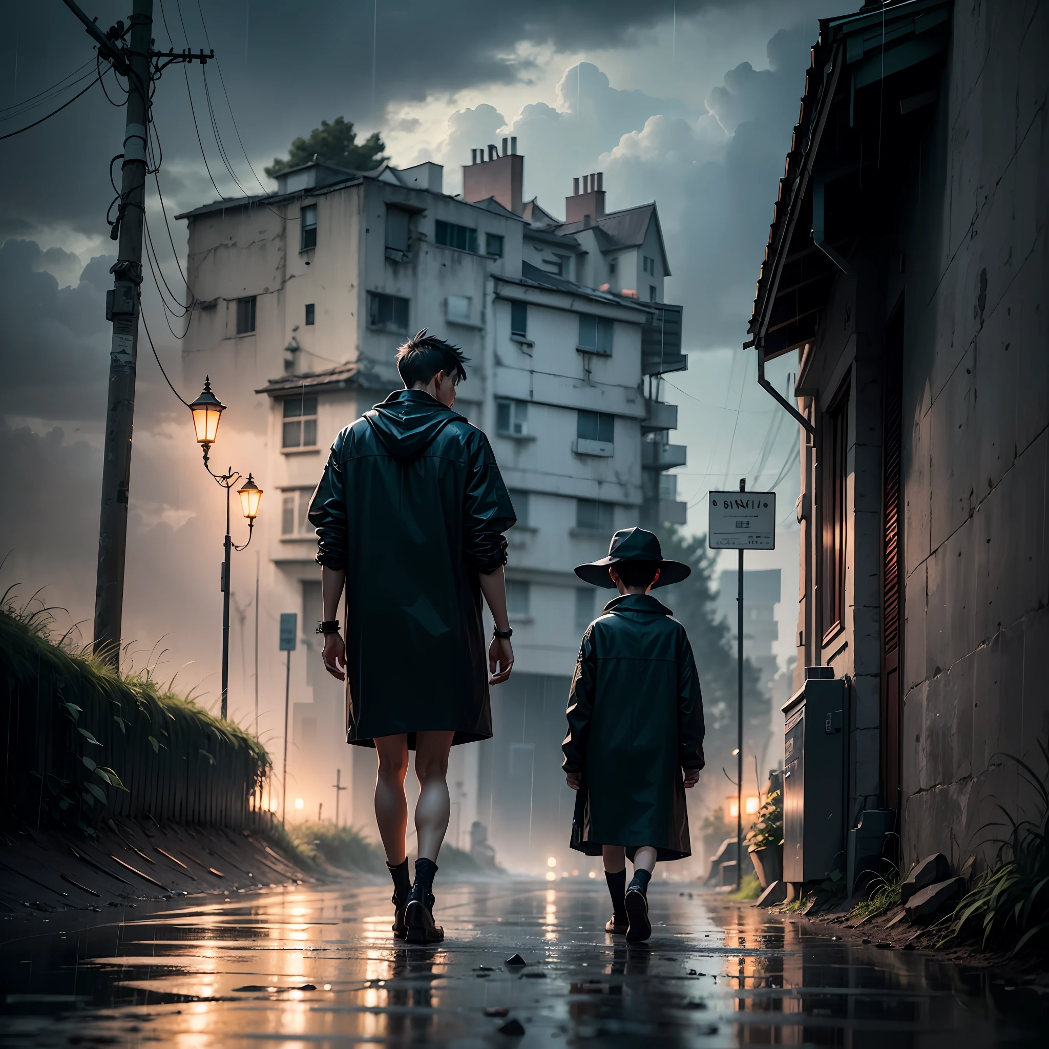 In the rain, one wears ancient warrior-style clothes and walks away, while another boy walks in the opposite direction, the girl walks firmly into the distance, the boy walks lonely with his head down, and the overall feeling of the picture is black according to the tone --auto