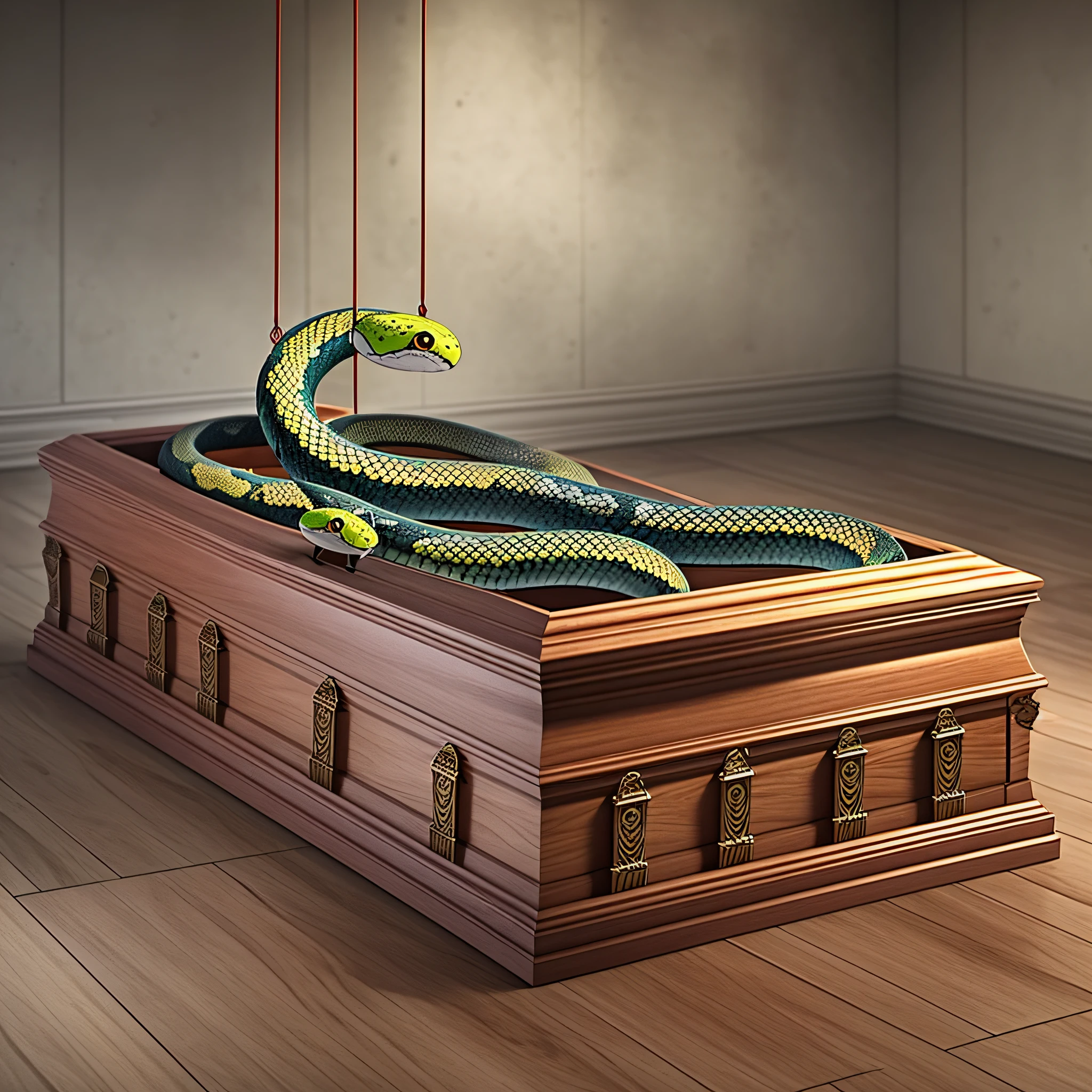 A pair of coffins suspended in the air, all of them are poisonous snakes