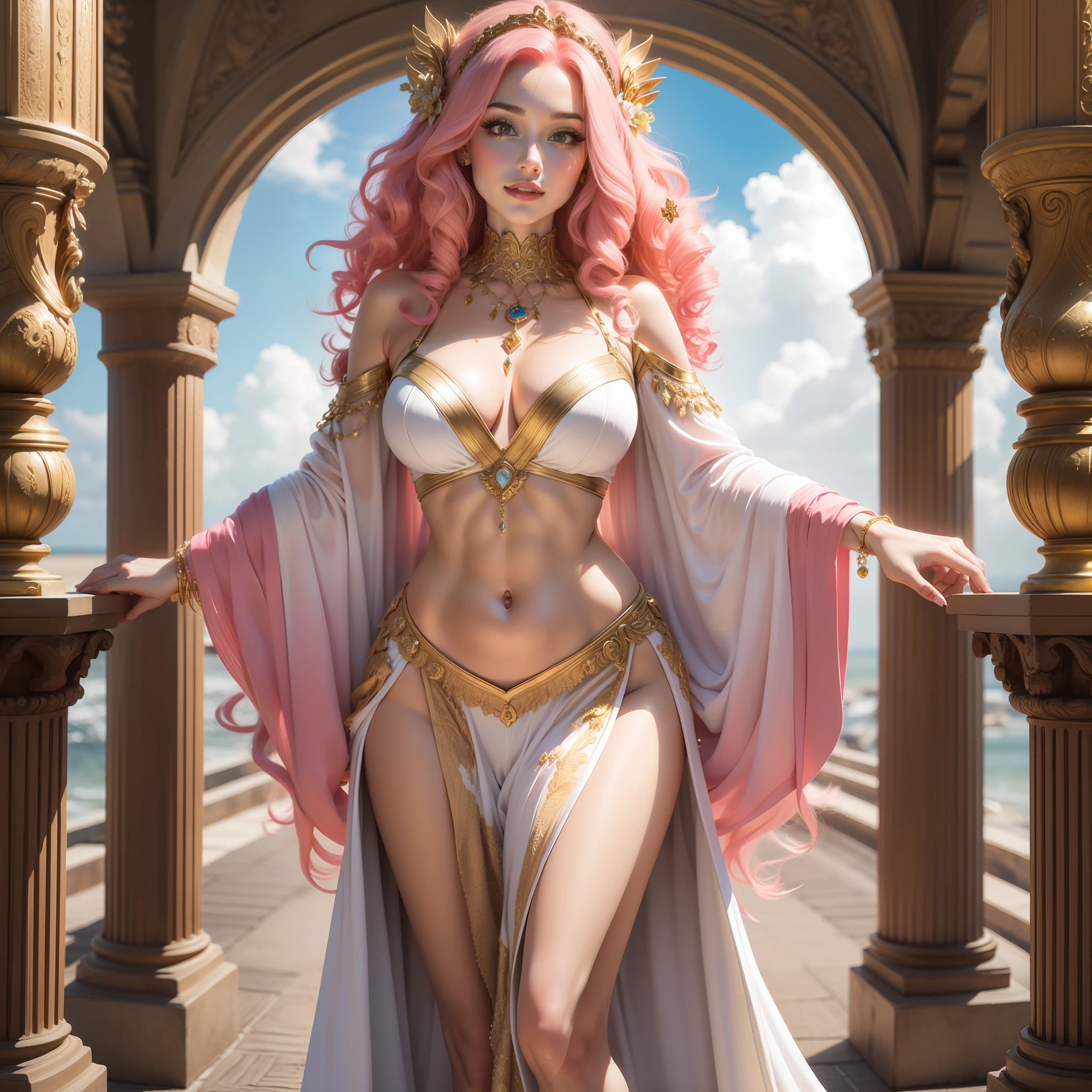 Goddess Aphrodite, pink hair, curly hair, chiton outfit, long white clothing, gold details, glorious pose, colorful hearts
