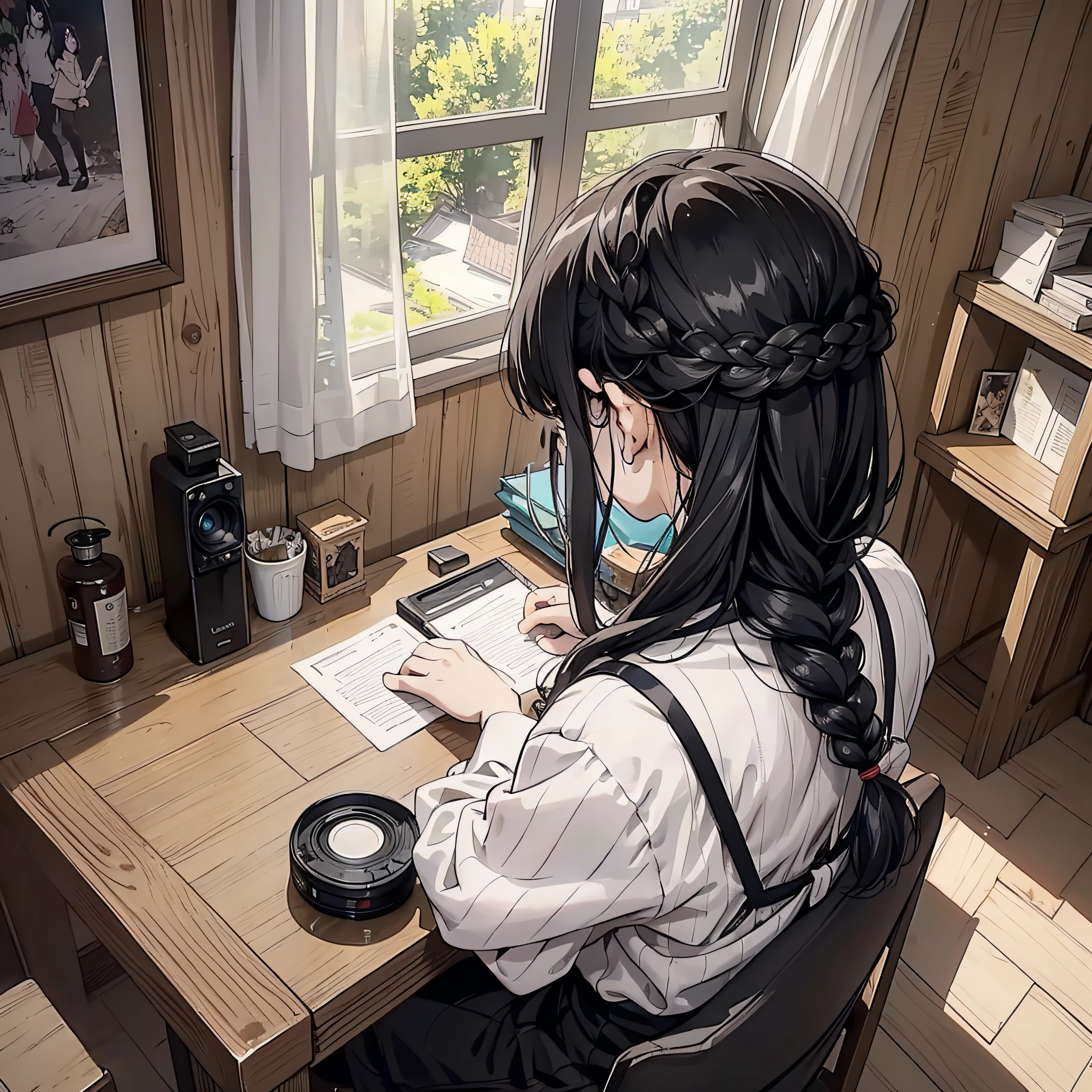 In a village room, a woman with long black hair and a braid white blouse sits at a table with her back to the camera to write a letter, close-up 1.5 on the back (1.8 on the back) (background is 1.5 in the village room) Anime style 4 K, anime rendering, anime style. 8K, upper body display 1.5) (cinematic lighting 1.5)