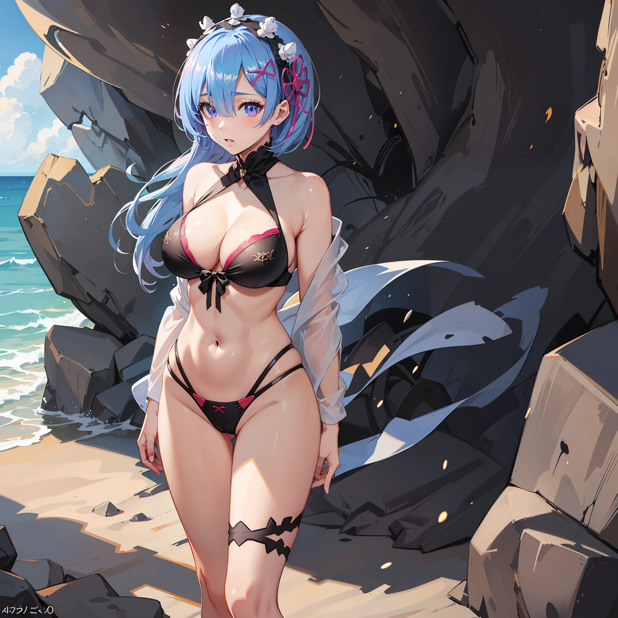 (((Beautiful and sexy girl))). ((Rem from anime Re:Zero)) (8k, RAW photos, max quality, masterpiece: 1.7). (Realistic, Photorealistic: 1.9). 1 girl. hyperdetailed iris . Hyperdetailed eyes. Woman. Day. Busty. Wearing sexy and daring bikini. Protruding areola. The shape of the pubic area is clearly visible. Girl. Lots of eyelashes. Defined abdomen. Walking along the beach. hyperdetailed skin