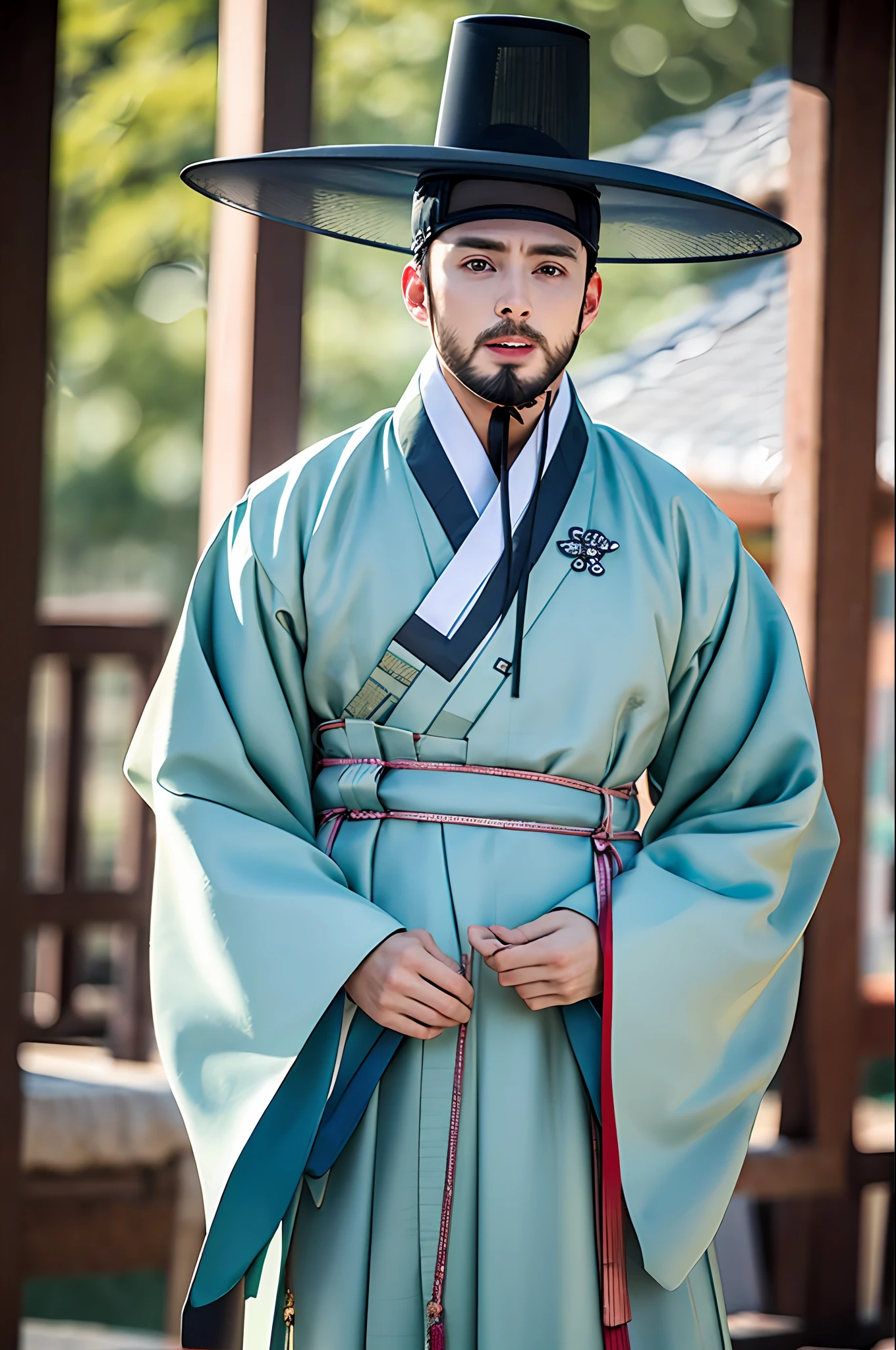 chris evans, older, hanbok, upper body, hat, korean, very long beard,