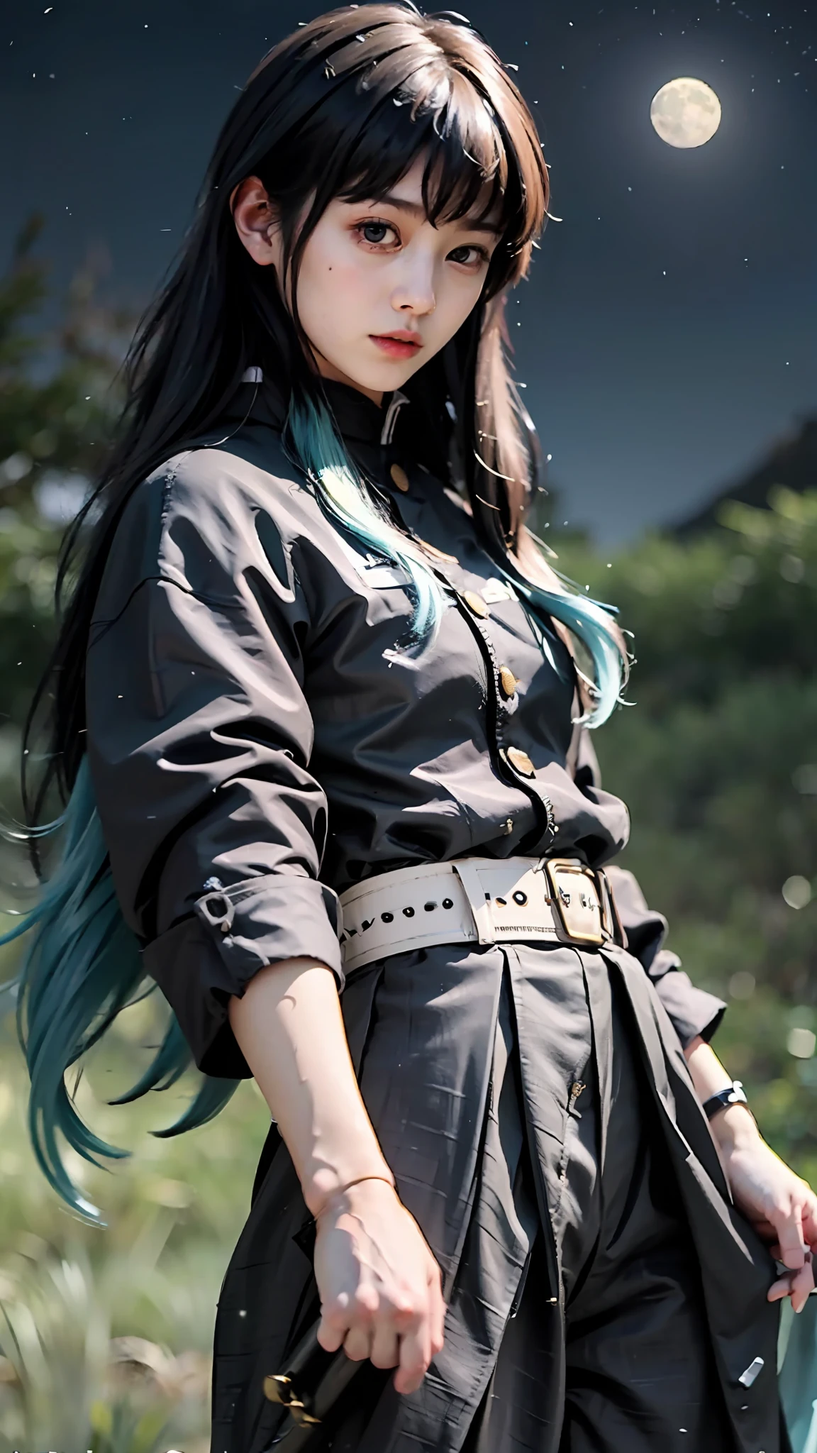 masterpice, best quality, (1boy:1), demon slayer uniform, solo, long hair, looking at viewer, bangs, black hair, aqua eyes, multicolored hair, Tokito_Muichirou, weapon , male focus, pants, background of a japansese village, night time, moon light,