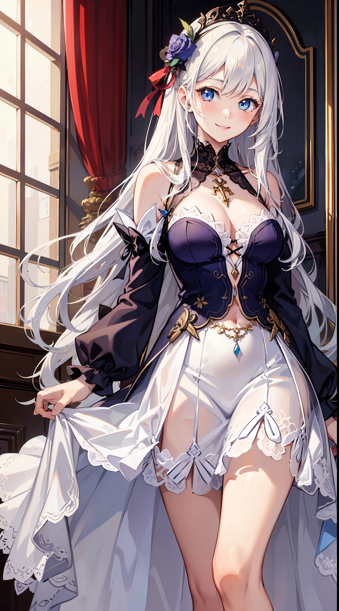 Adult girl, long white hair, blue eyes, beautiful dress, open chest, smile, masterpiece, high quality