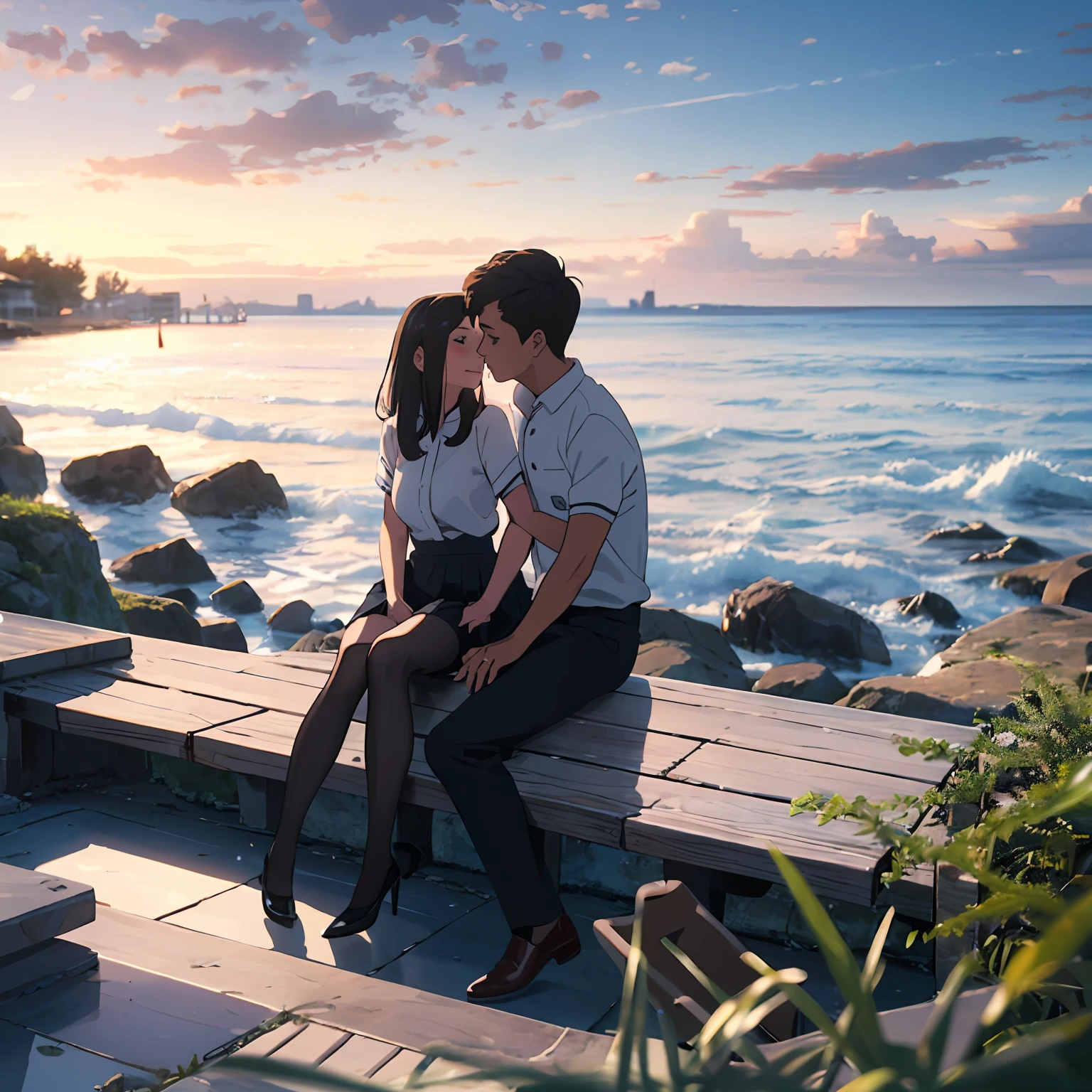 By the sea, a couple, sitting on the reef, the girl is a beautiful girl in a pleated skirt, wearing black stockings on her legs, blushing, and the boy is wearing a white shirt, very handsome --auto