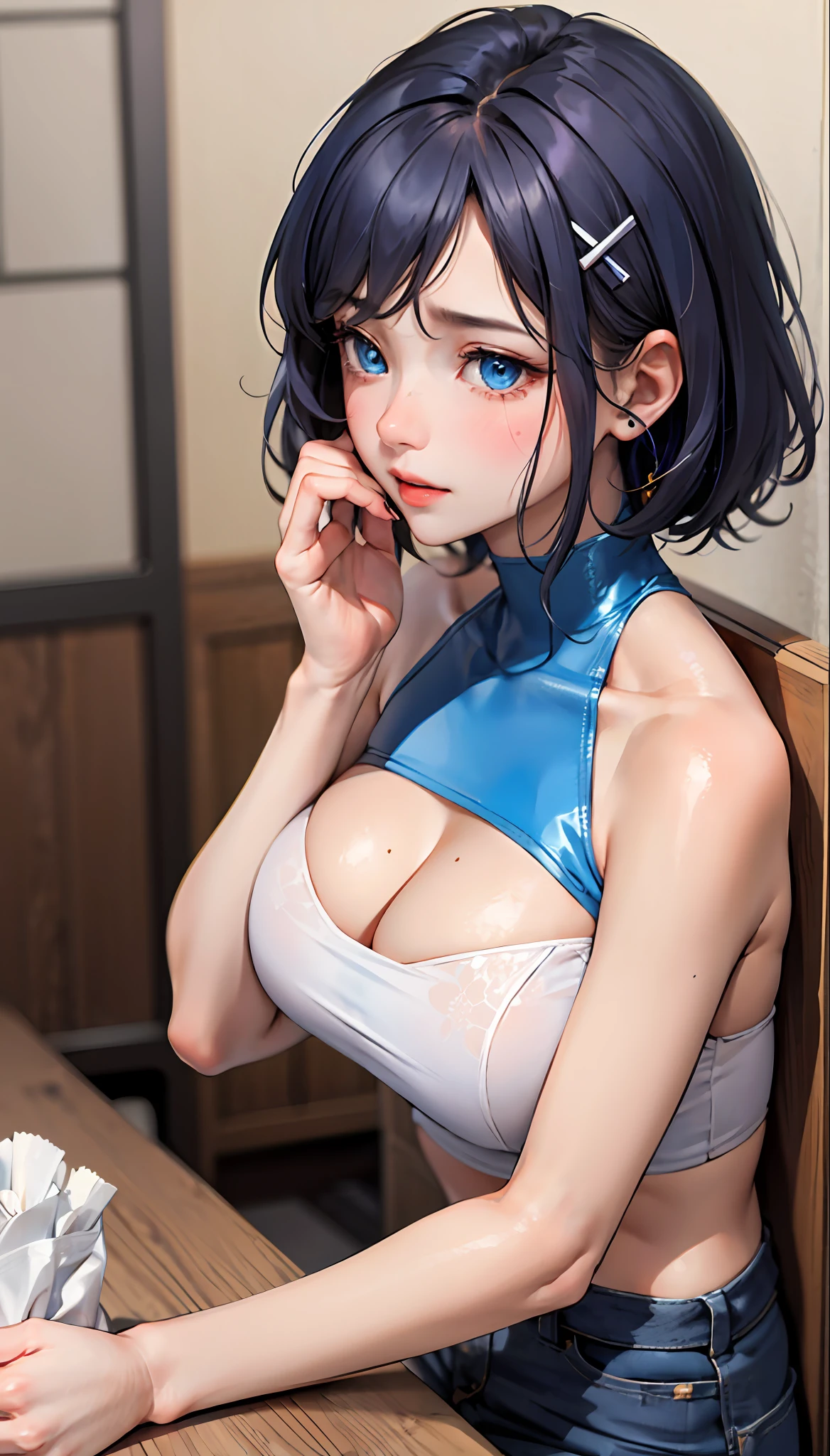 (Masterpiece,: 1.2, Best Quality),(1 Lady, Solo, Upper Body: 1.2) Short dark blue hair, clothing: Short sleeves, short blue shoulder-length hair, exposed breasts Accessories: Hairpins, tissues Hair: Blue shoulder-length short hair Makeup: Natural, glowing skin, Behavior: Blushing, covering face and crying Location: At the table, blue eyes, very large breasts, short blue shoulder-length hair