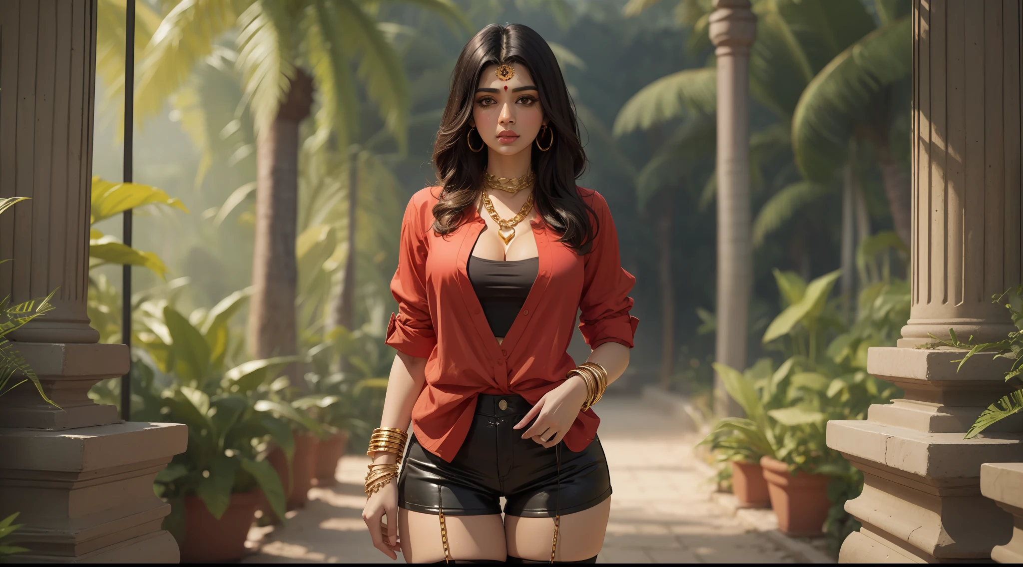 Tall and thick Indian women with tight shorts and fully unbuttoned red shirt, standing, thick thighs, thigh highs, golden chain, short black hair, Indian facial features