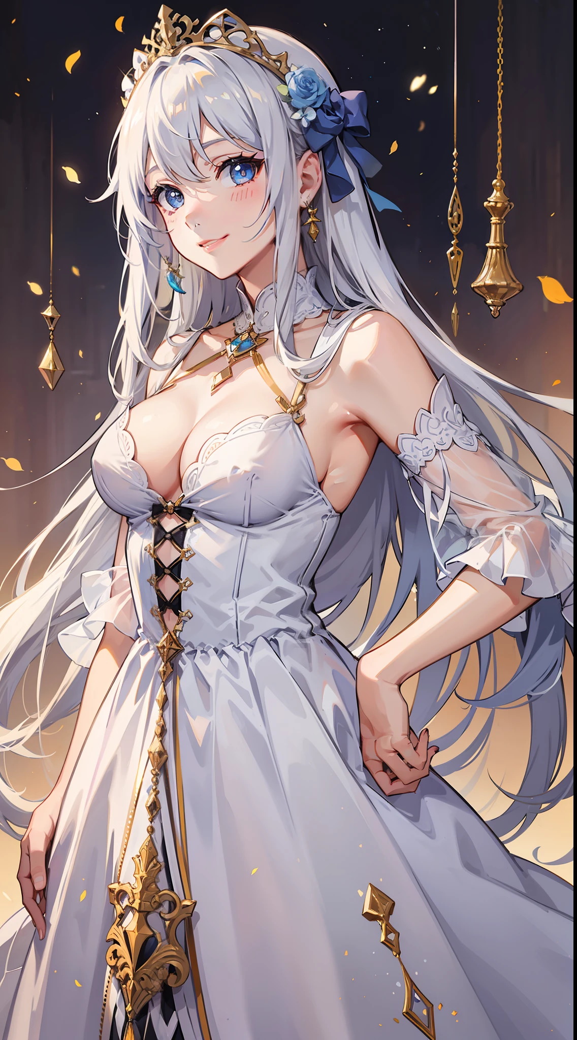 Adult girl, long white hair, blue eyes, beautiful dress, open chest, smile, masterpiece, high quality