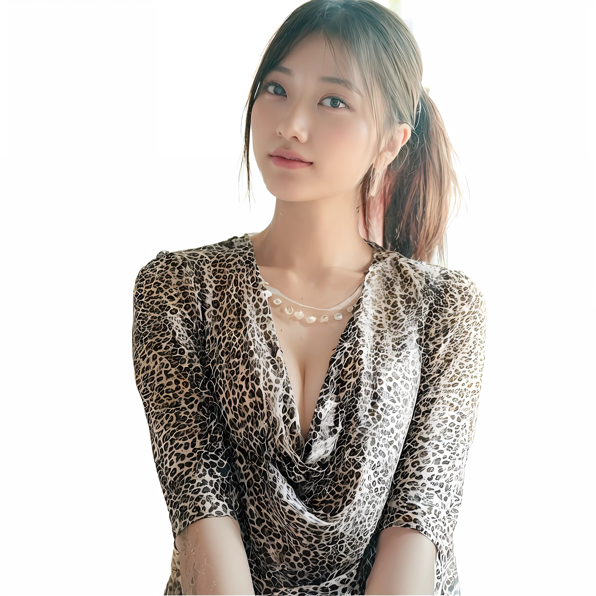 ((Best quality, 8k, Masterpiece: 1.3)), Sharp focus: 1.2, A beautiful woman with perfect body: 1.4, Slim abdomen: 1.2, ((Layered haircut, Large breasts: 1.2)), (no bra) (Small and beautiful hard nipple) (Thin and damp button up to shirt length: 1.1), (White shirt wet by rain), (Rain, Street: 1.2), Wet body: 1.1, Highly detailed face and skin texture,  Detailed eyes, Double eyelid, tanned skin, sexy, tan, dark skin, tanned body, exposed shoulders, cleavage