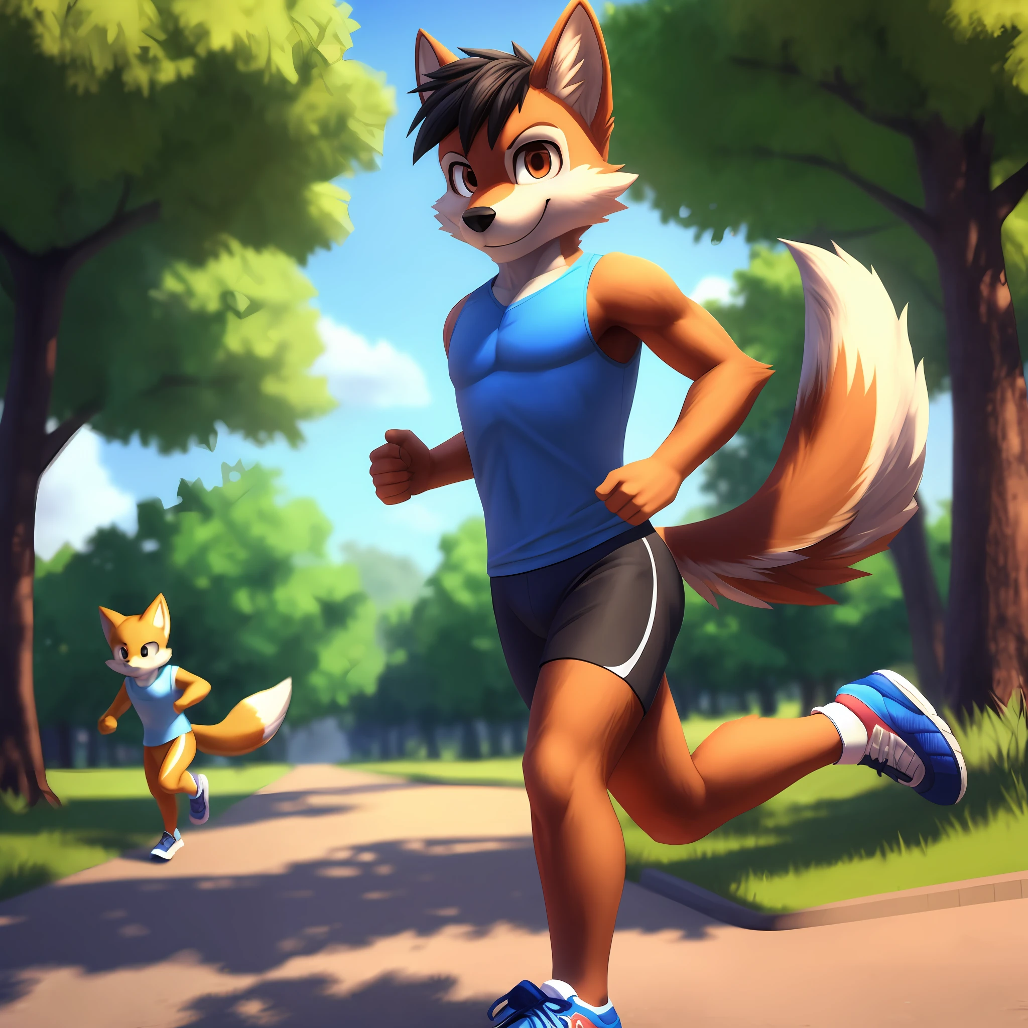 masterpiece, high resolution, high quality, red furred wolf with a black hair and brown eyes, male, wearing a blue T-shir, tight blue running shorts, red running shoes, solo, no group, no double, smile, no logomark, no extra members, at the park, 3D, soft ilumination, soft shadows, running, in the style of Miles Tails Prower