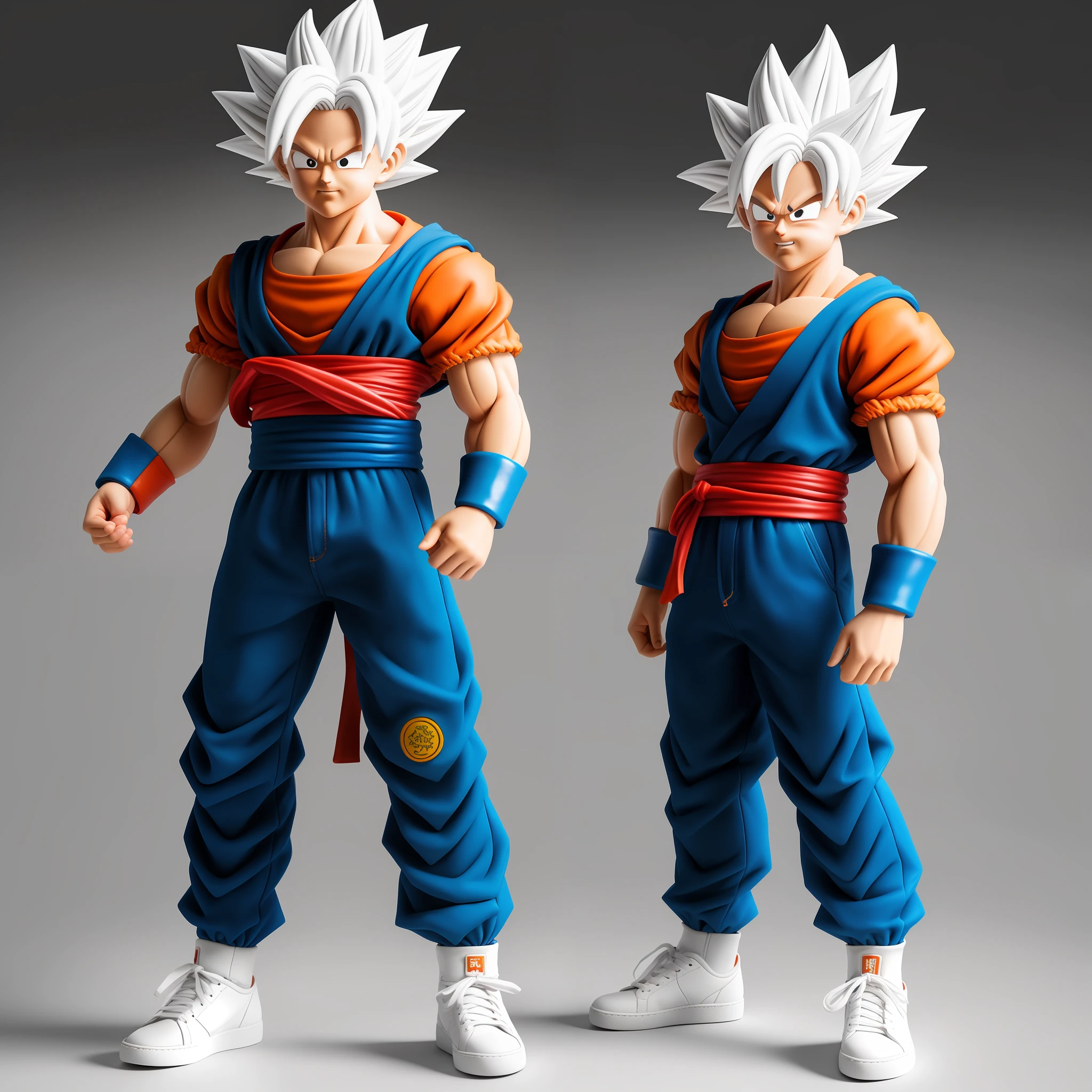 Goku full body display, super detail super high texture, white blue hair, white powder blue dark shoes, super cute popmart toys, handmade clay texture, seems to stand on earth, black and white background natural lighting, strong sense of energy, rendering weapon C4D, OC renderer, 8K sky, 3D art masterpiece.
