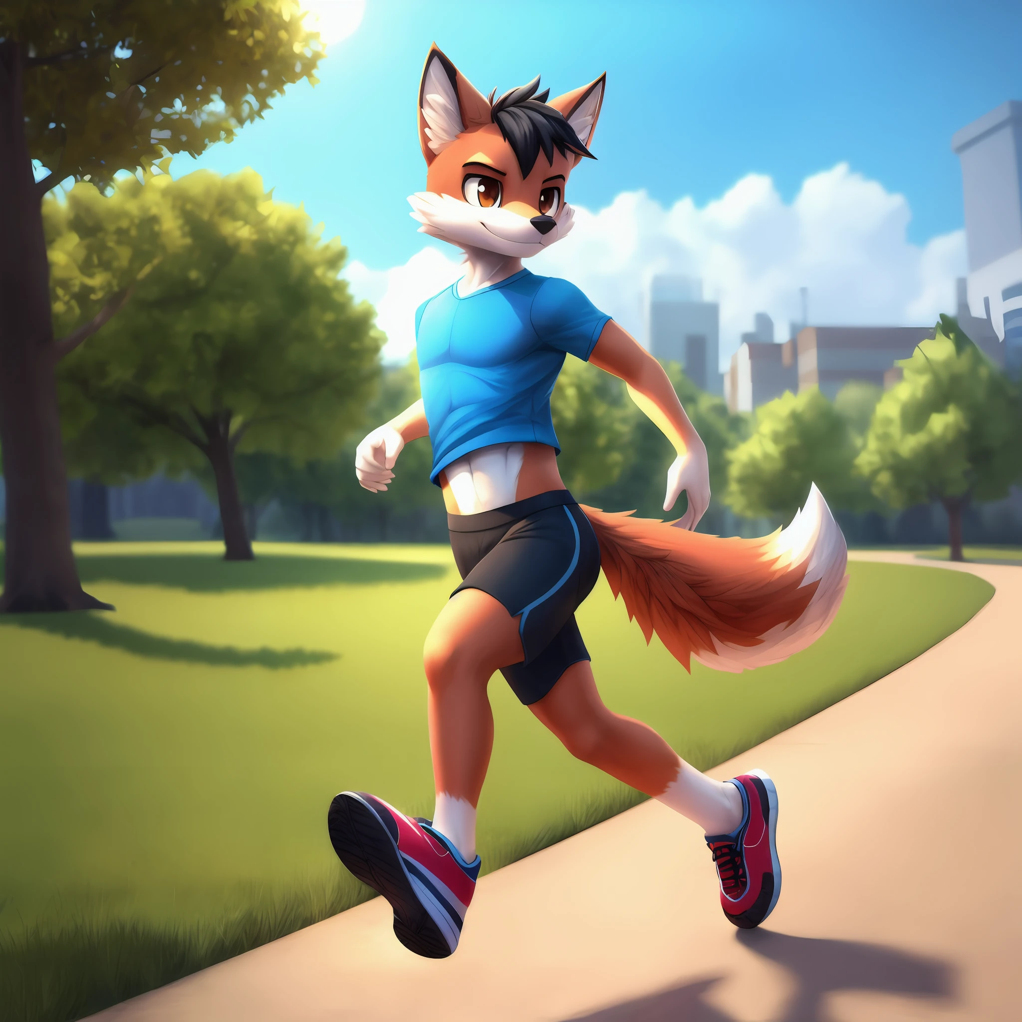 masterpiece, high resolution, high quality, red furred wolf with a black hair and brown eyes, male, wearing a blue T-shir, tight blue running shorts, red running shoes, solo, no group, no double, smile, no logomark, no extra members, at the park, 3D, soft ilumination, soft shadows, running, in the style of Miles Tails Prower