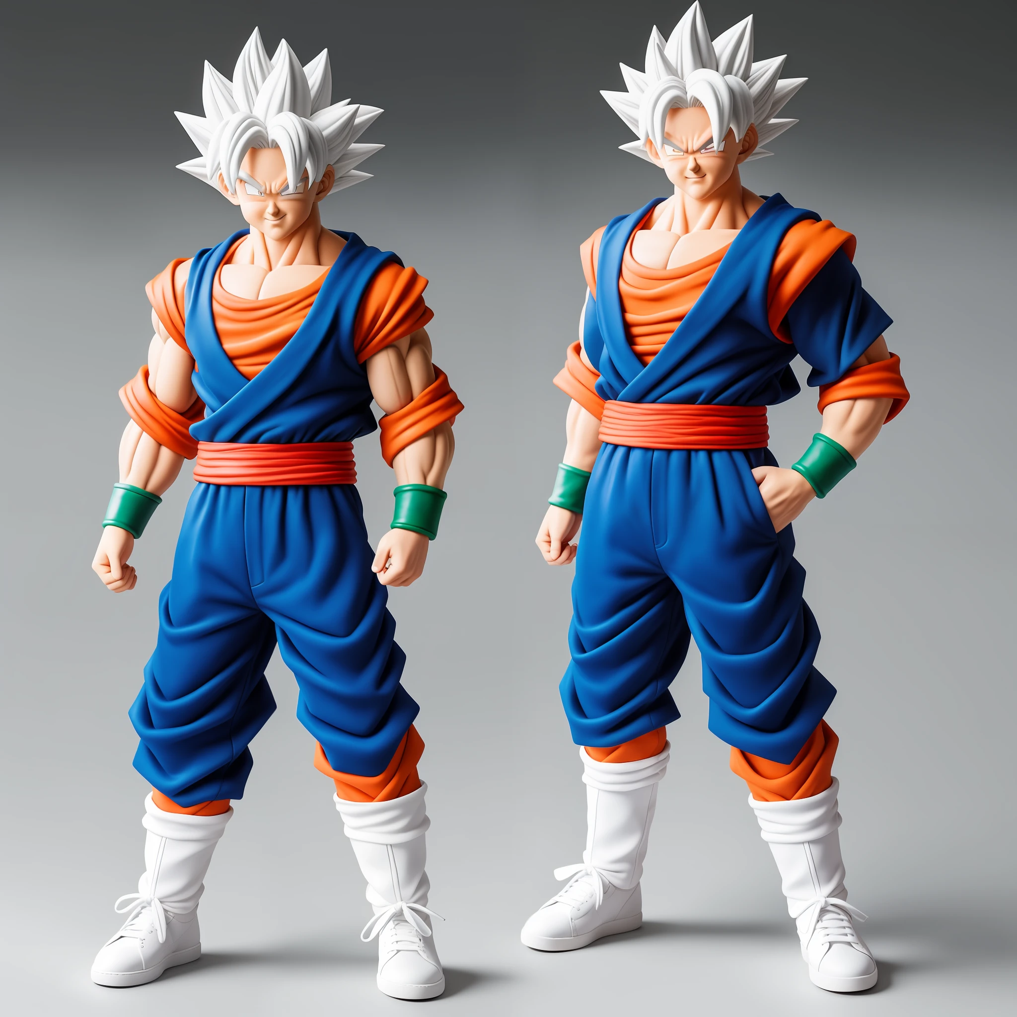 Goku full body display, super detail super high texture, white blue hair, white powder blue dark shoes, super cute popmart toys, handmade clay texture, seems to stand on earth, black and white background natural lighting, strong sense of energy, rendering weapon C4D, OC renderer, 8K sky, 3D art masterpiece.
