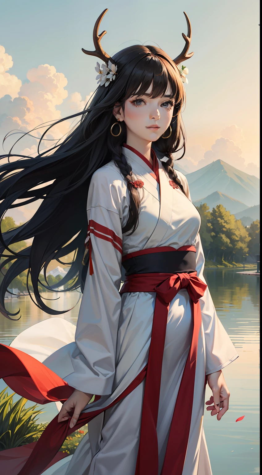 hyperrealistic, photorealistic, (((masterpiece))),(((best quality))),((ultra-detailed)), ((illustration)),highres, [depth of field],
1girl,hanfugirl, mature female, solo, detailed (beautiful face) with (detailed eyes) and closed mouth, medium breasts, thighs, antlers,
very long hair, floating hair, bangs,
detailed (colorful hanfu),earrings,
(cloud sky), mountain, river, flowers, grass,(wind), garden, sunlighting,
masterpiece, best quality,
