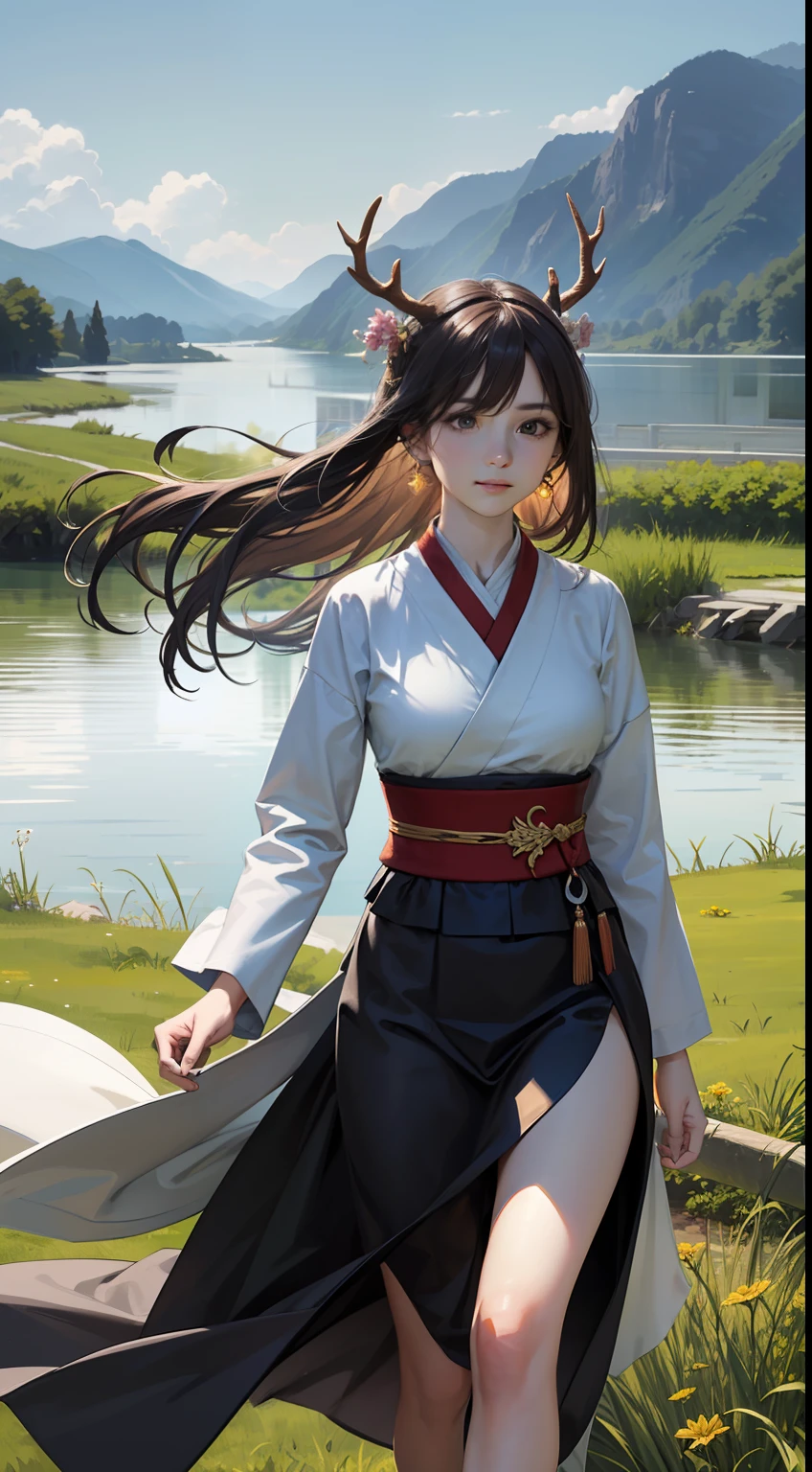 hyperrealistic, photorealistic, (((masterpiece))),(((best quality))),((ultra-detailed)), ((illustration)),highres, [depth of field],
1girl,hanfugirl, mature female, solo, detailed (beautiful face) with (detailed eyes) and closed mouth, medium breasts, thighs, antlers,
very long hair, floating hair, bangs,
detailed (colorful hanfu),earrings,
(cloud sky), mountain, river, flowers, grass,(wind), garden, sunlighting,
masterpiece, best quality,