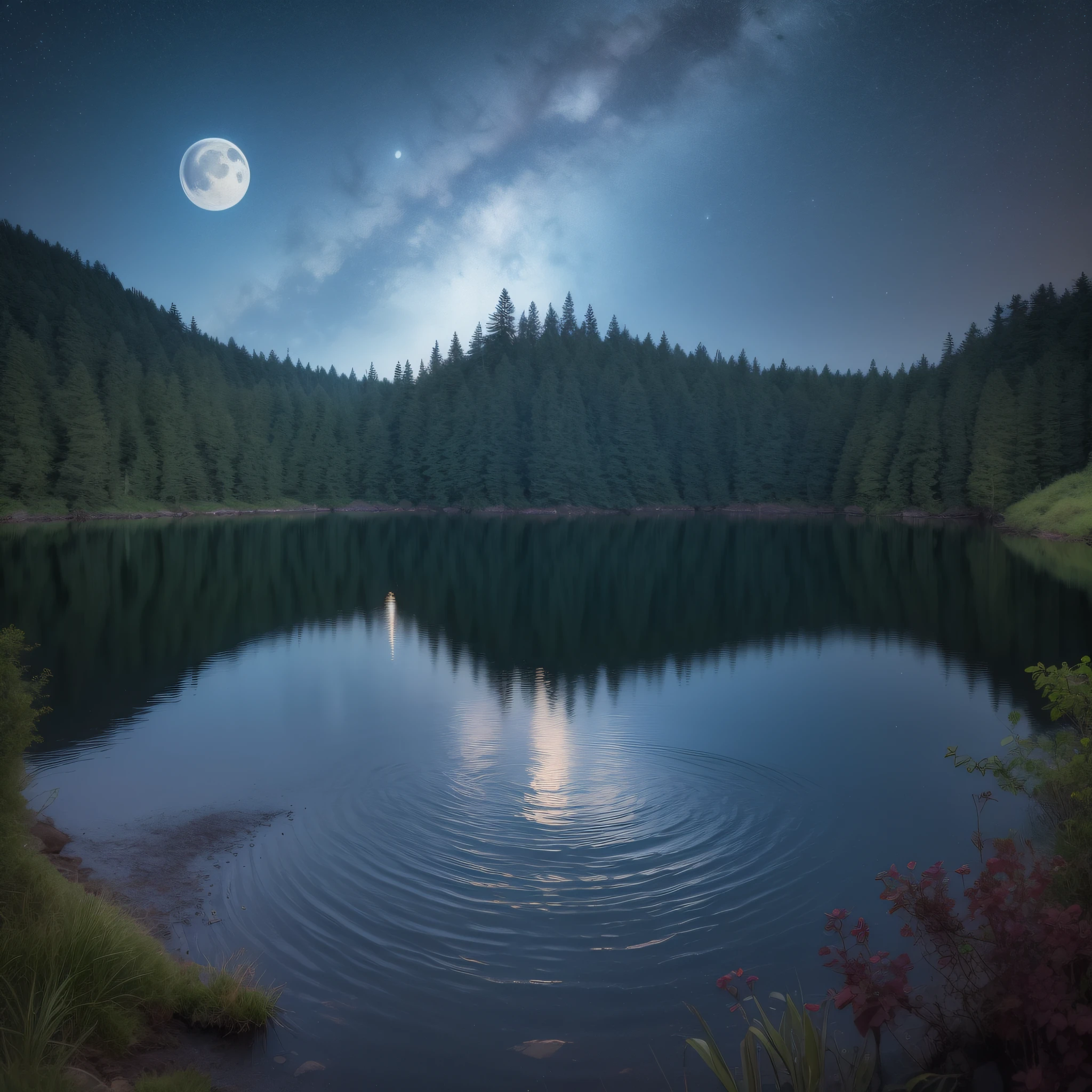 masterpiece. High quality. Lake at night surrounded by very high mountains and treeswith a small island in the center of the lake. Starry sky. smoke above the water. Full moon reflected in the water. hyper-detailed.8k