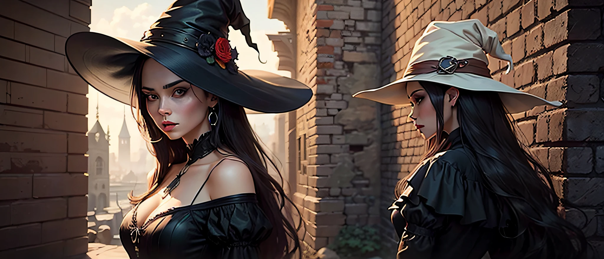 witch in a black dress and hat standing in front of a stone wall, fashionable dark witch, bright witch, classical witch, beautiful witch female, a beautiful sorceress, beautiful sorceress, extremely detailed artgerm, pretty sorceress, castlevania witch, portrait of a witch, halloween art style, beautiful female witch, style artgerm --auto