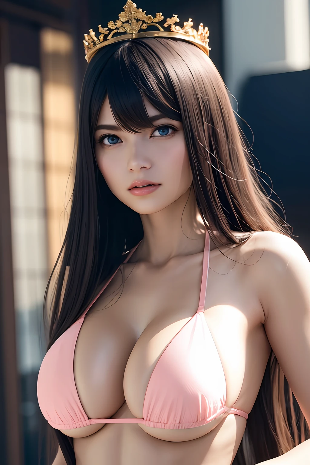 Ultra-detailed complex 3D rendering of the face, (Colossal: 8.8), (masterpiece, top quality, octane rendering,), glamour shots full body image, very beautiful young elf, cleavage, (highly detailed skin: 1.2), (exposure: 1.1), blonde, ((Pink bikini: 1.95)))). 40k, ((very soft breasts)), ((conspicuous large pink areola)). Beautiful Caucasian woman with black skin with full soft breasts and black skin of big ass, one, long braided hair, big breasts, dynamic angle, mystical expression, ultra-realistic photo, (((portrait)))), bare feet, futuristic city background, facial muscles, detailed and beautiful gold crown, in the style of Marvel Comics, ArtStation trends, clear focus, studio photography, Intricate detail, highly detailed, detailed blue eyes, highly detailed, sharp focus, digital rendering, professional, abs, dark gray background,