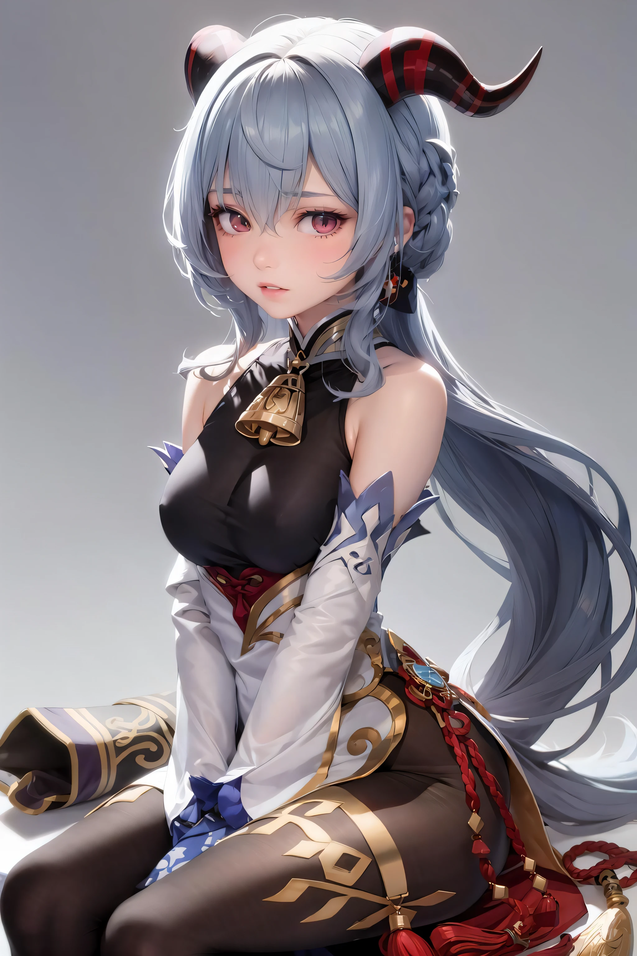 masterpiece, best quality,1girl, solo, long hair, breasts, looking at viewer, sitting, blue hair, ahoge, detached sleeves, bell, bare shoulders, blush, medium breasts, flower knot, vision (genshin impact), bangs, tassel, purple eyes, between legs, white sleeves, long sleeves, chinese knot, pantyhose, sidelocks, goat horns, gold trim, neck bell, very long hair, hand between legs, closed mouth, hair between eyes, thighlet, bodystocking, red eyes, v arms, thighs, cowbell, low ponytail, brown pantyhose, parted lips, pelvic curtain, black gloves, feet out of frame, bow, gloves, black pantyhose, curled horns, (grey background:1.4), simple background, (kbxll:0.6)