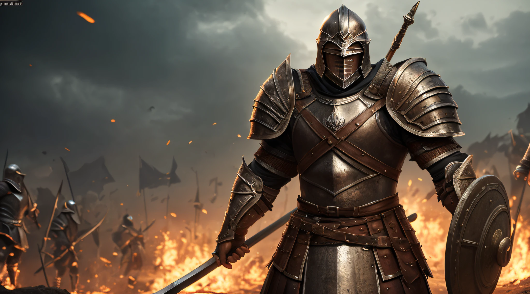 Medieval medieval Spartan warrior, full body, dark background, 8k, ultra realistic, cinematic, hyper detailed --auto