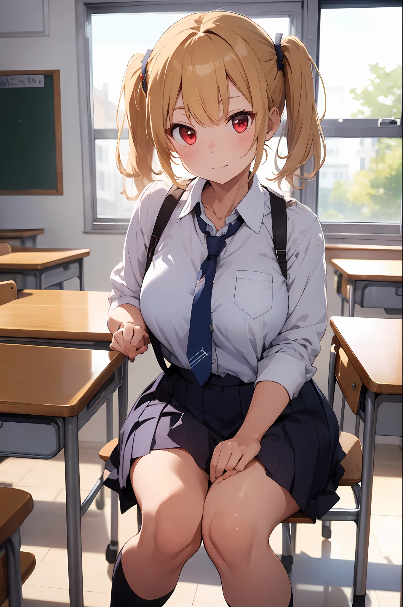 (masterpiece:1.2, best quality), 1lady, solo, school uniform, classroom, day, sit, blonde, twintails, red eyes, open collabone, darkskin, (open breasts:1.1),