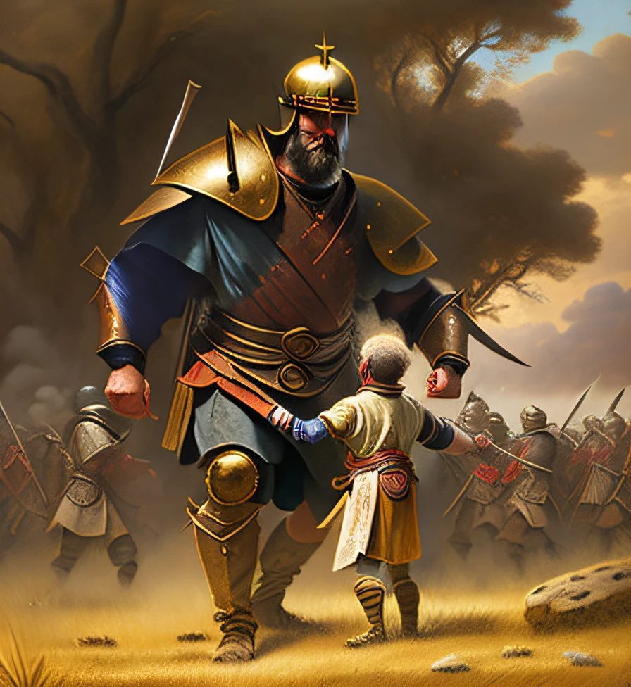 painting of a man and a child in a field with a shield, painting of goliath, david and goliath, epic biblical depiction, by Antonio Ciseri, leading a battle, by Daniel Ljunggren, leading spartans into battle, by Mort Künstler, by Karel Štěch, ancient soldier --auto