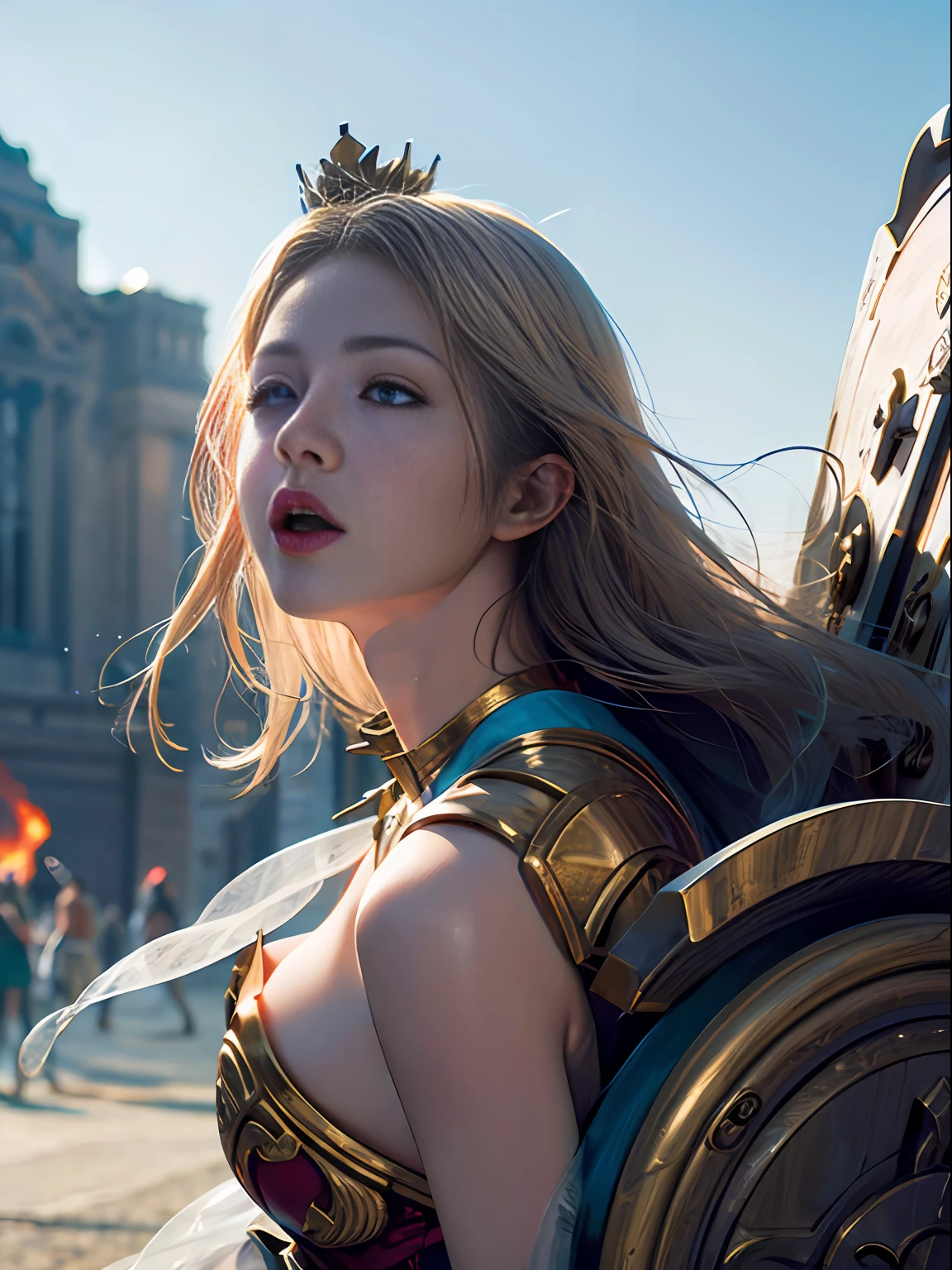 Official Art, Unity 8k wallpaper, ultra detail, masterpiece, best quality, one woman, (very detailed),(RAW photo, best quality), (realistic, photorealistic:1.3), high definition, open mouth wide, ultra-detailed complex 3D rendering of face, (big breasts: 8.8), (highly detailed skin: 1.2), (exposure: 1.1), Beautiful Caucasian woman with full soft breasts and white skin with big ass (topless), breasts, white hair, blue eyes, long hair, (translucent pink dress), dynamic angle, mystical expression, fire glow effect, fantasy background, rim lighting, side light, cinematic light, ultra high definition, 8k, film grain,best shadow, light particles, detailed skin texture, Detailed jewel armor texture, detailed face, intricate detail, super detailed, bright, strong, gold armor, cleavage, slender abs, have glowing weapons, have a shield, pole dron, ((beautiful huge crown with detail)), shining eyes, long red cloak, fantasy, (realistic),