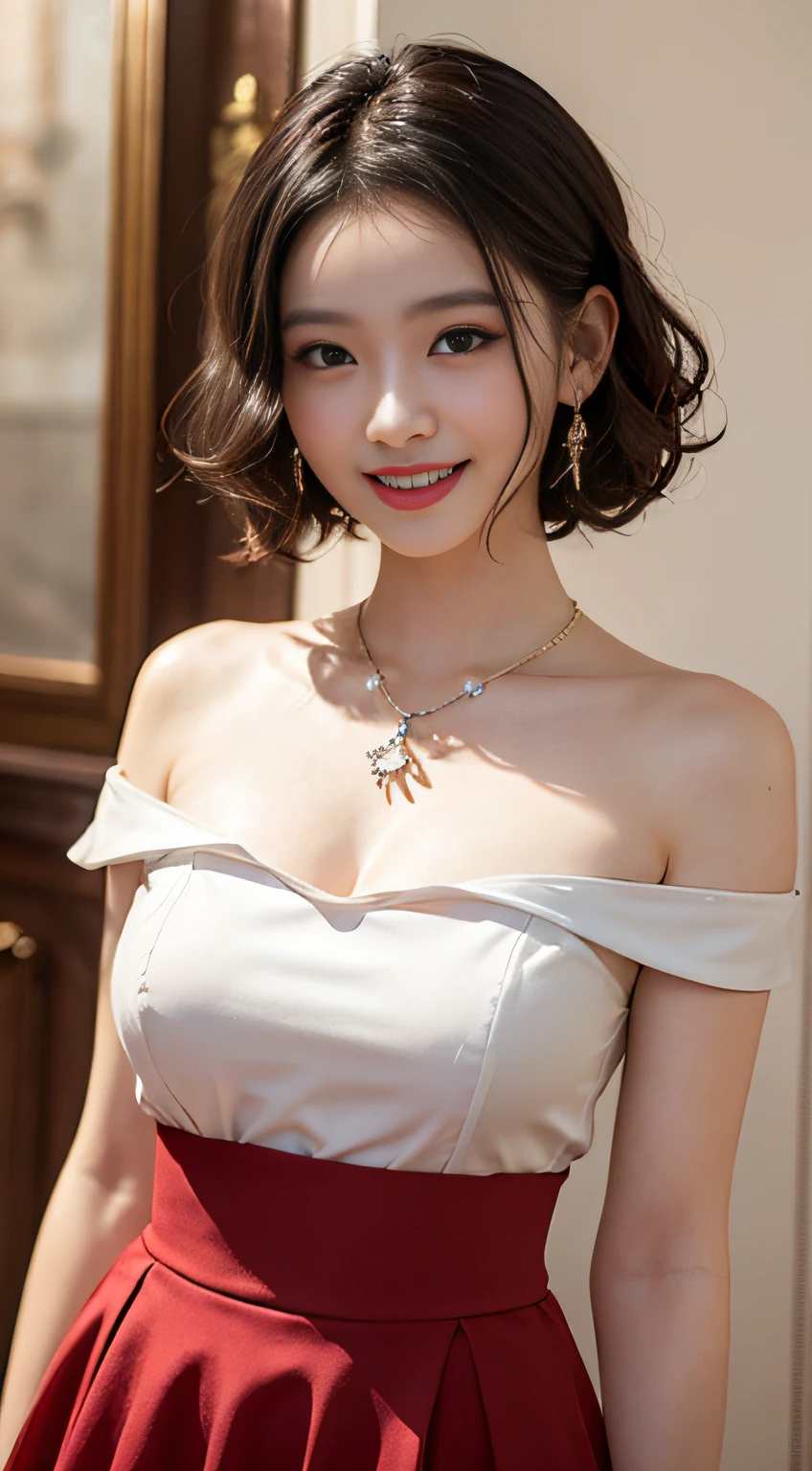 Real people, highest image quality, masterpiece, exquisite CG, highest resolution, ultra-clear picture quality, delicate facial features, peerless beauty, delicate and beautiful facial features, cute girl, red wavy curly hair, bow hairpin, oily red lips, sweet smile, smile, smile without teeth, delicate skin, shiny, moisturized skin, blushing face, pure, close-up, single, necklace, earrings, not exposed, dynamic action, (gorgeous long dress with round neck), skirt full of lace, bust, Rating: Safe