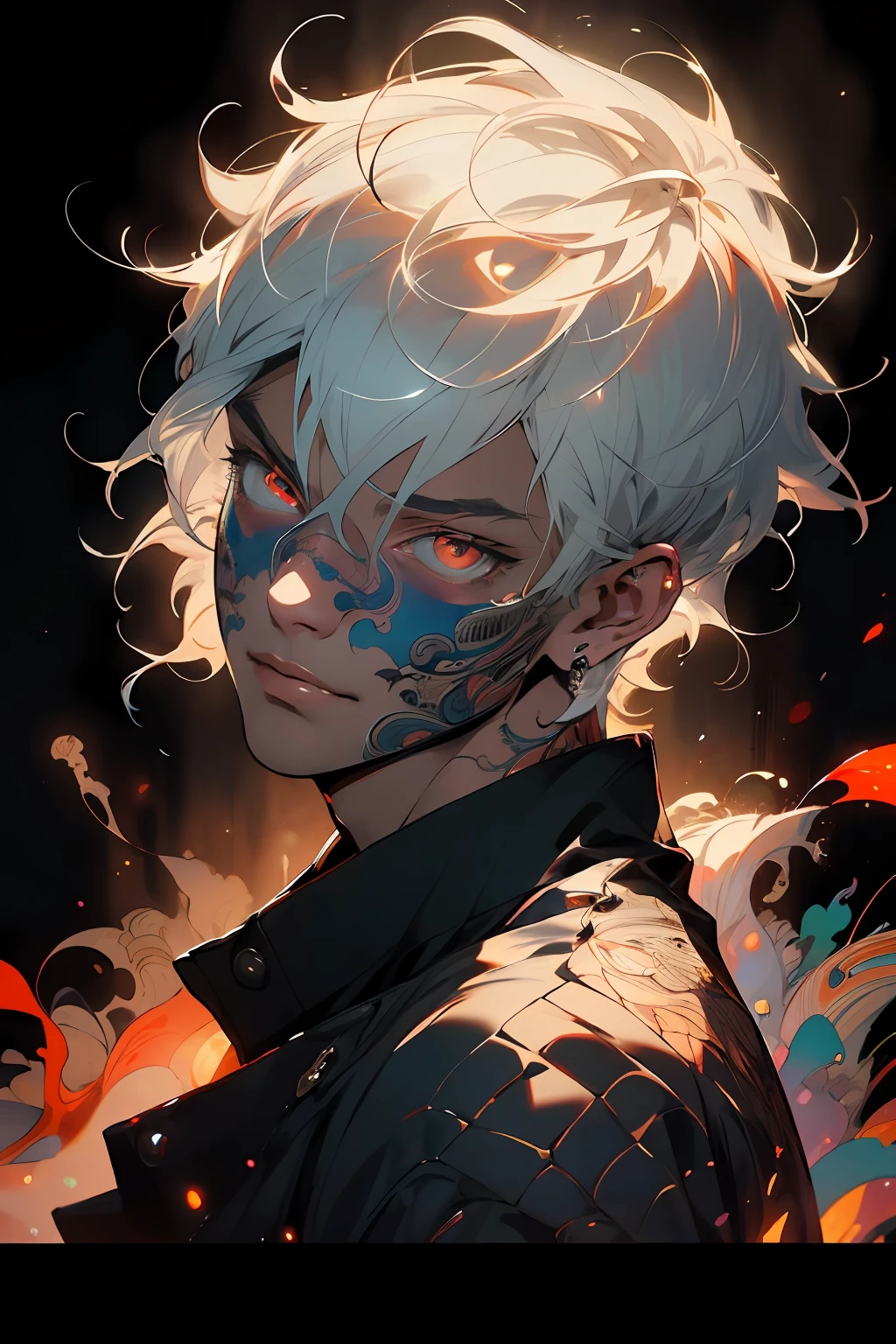 Realistic, (Masterpiece, Top Quality, Best Quality, Official Art, Beauty and Aesthetics: 1.2), Very Detailed, Fractal Art, Colorful, Most Detailed, Zentangle, (Abstract Background: 1.1) (1boy: 1.3), God, White Hair, Short Hair, (Glowing Red Eyes), Mysterious, (Magic), Ice, Handsome Man, Egyptian Style