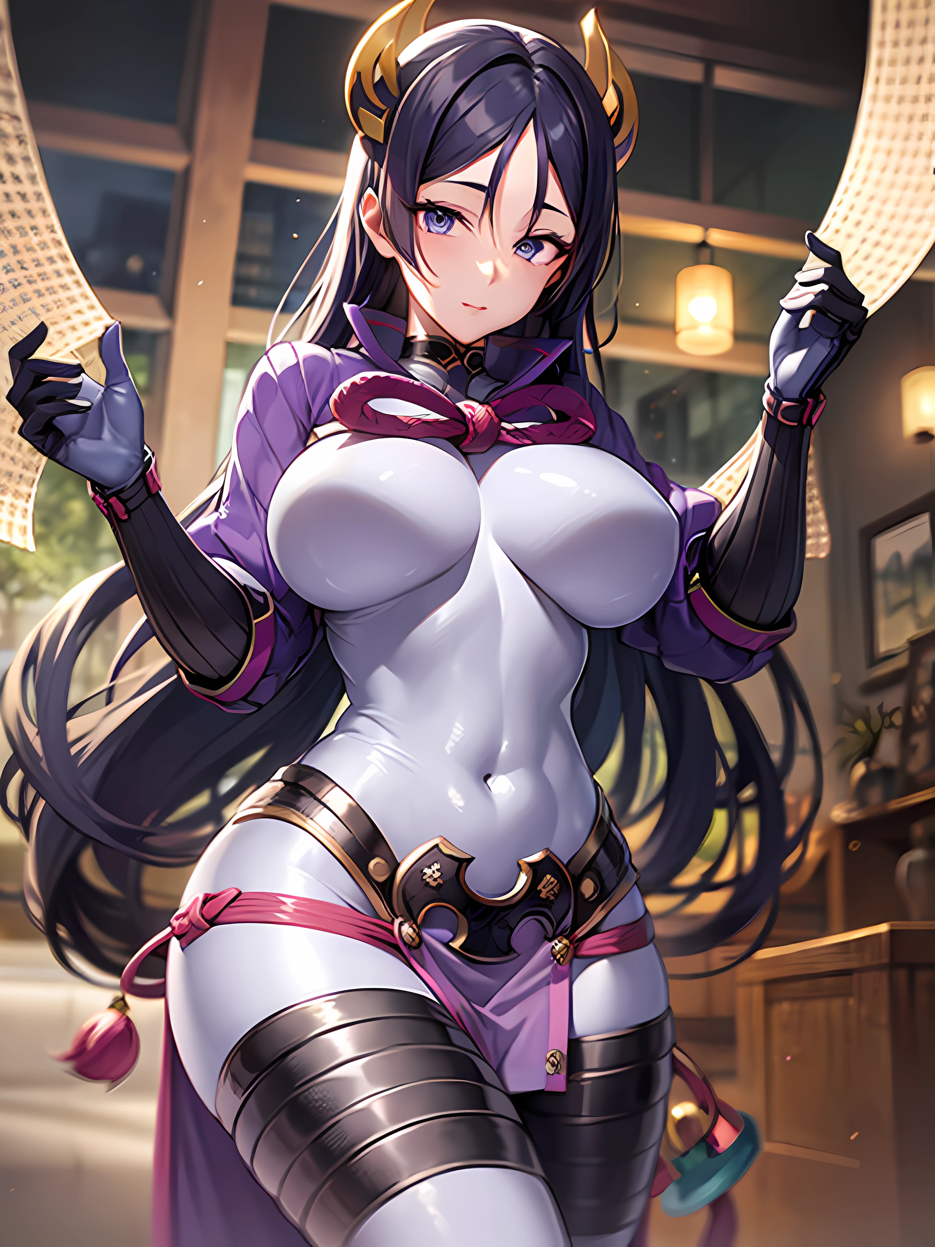 (Masterpiece)), ((Best Quality)), (Ultra Detailed), ((Kawaii)), Cute, (Cute), (Very Detailed)), 4K, (8K), Best Quality, (Beautiful), (World Class Quality))), Very Detailed, High Resolution, (Detailed Shadow Beautiful Face), Full Body, Mature Woman, Solo, (((Huge Breasts))), ((Saggy Tits))), hmmr1, minamoto no raikou (fate), high collar, gloves, loincloth, ribbed sleeves, rope, (bodysuit:1.2)