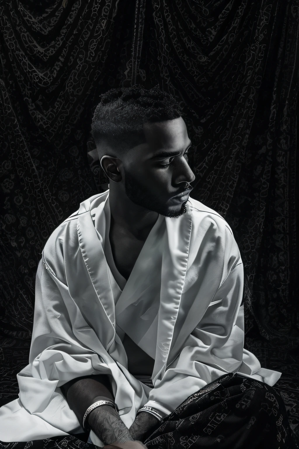 arafed man sitting on the ground with a white shirt on, photographic still, lit from the side, a still of an ethereal, photo of ghost of anubis, low quality photograph, his mind contemplating eternity, side portrait imagery, an album cover, by Maxwell Bates, frank ocean, clad in robes, alternate album cover, album art, new album cover