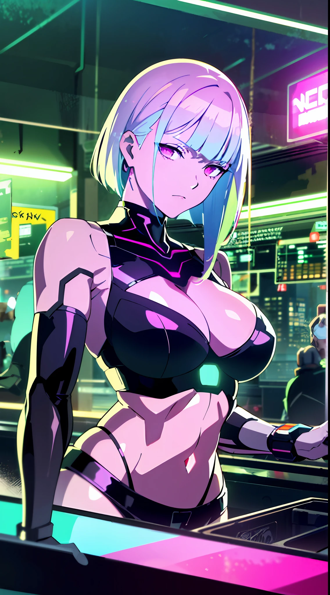 (masterpiece, detailed, high resolution:1.4), cyberpunk, cyberpunk 2077, neon background of cyberpunk night city, on the train behind the bar, metal cybernetic silver hand in the foreground in the frame, green-blue glitch effect around the arm, purple-pink neon glow, Lucy, torso, fluorescent yellow, light green, purple, mint
