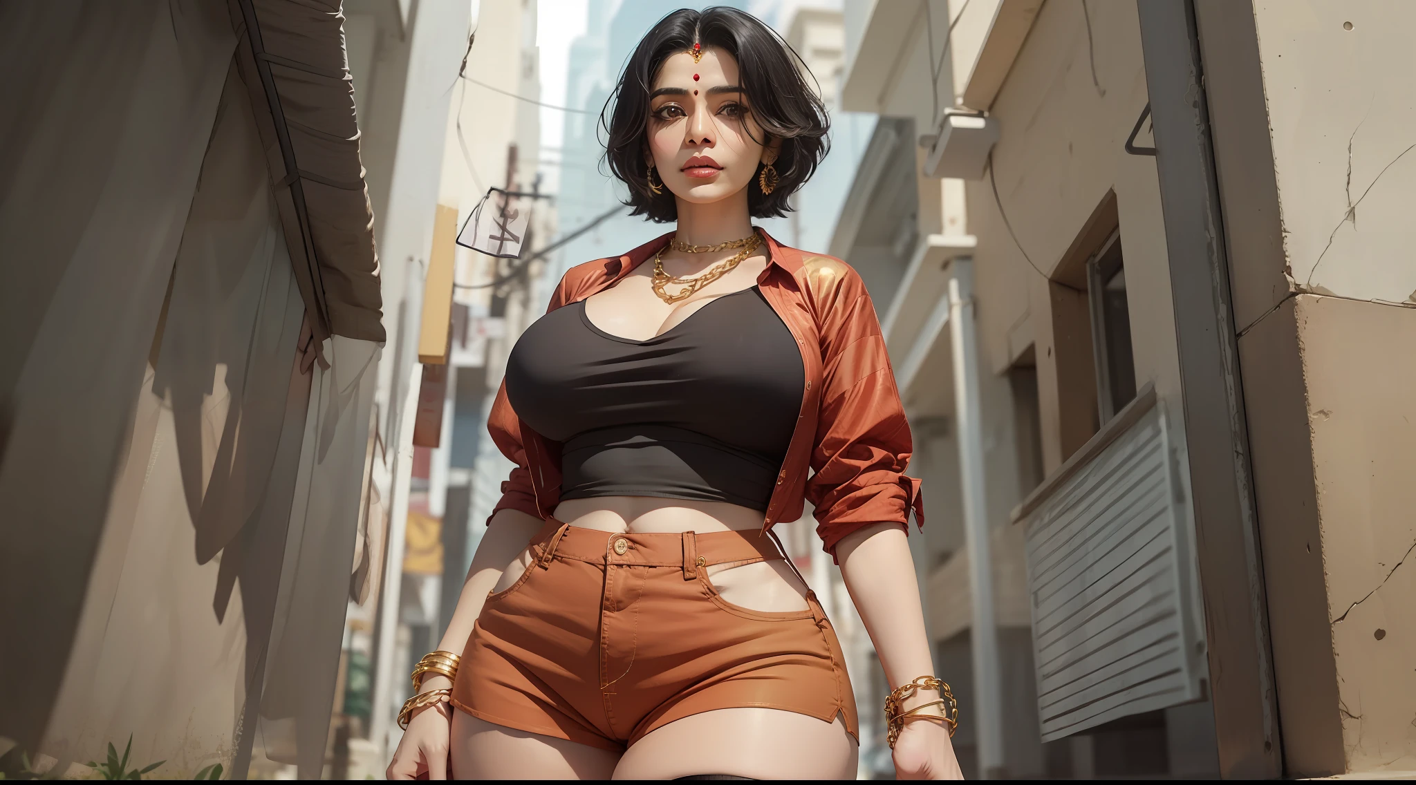 Tall and thick mature Indian women with tight shorts and fully unbuttoned red shirt, standing, thick thighs, thigh highs, golden chain, short black hair, Indian facial features