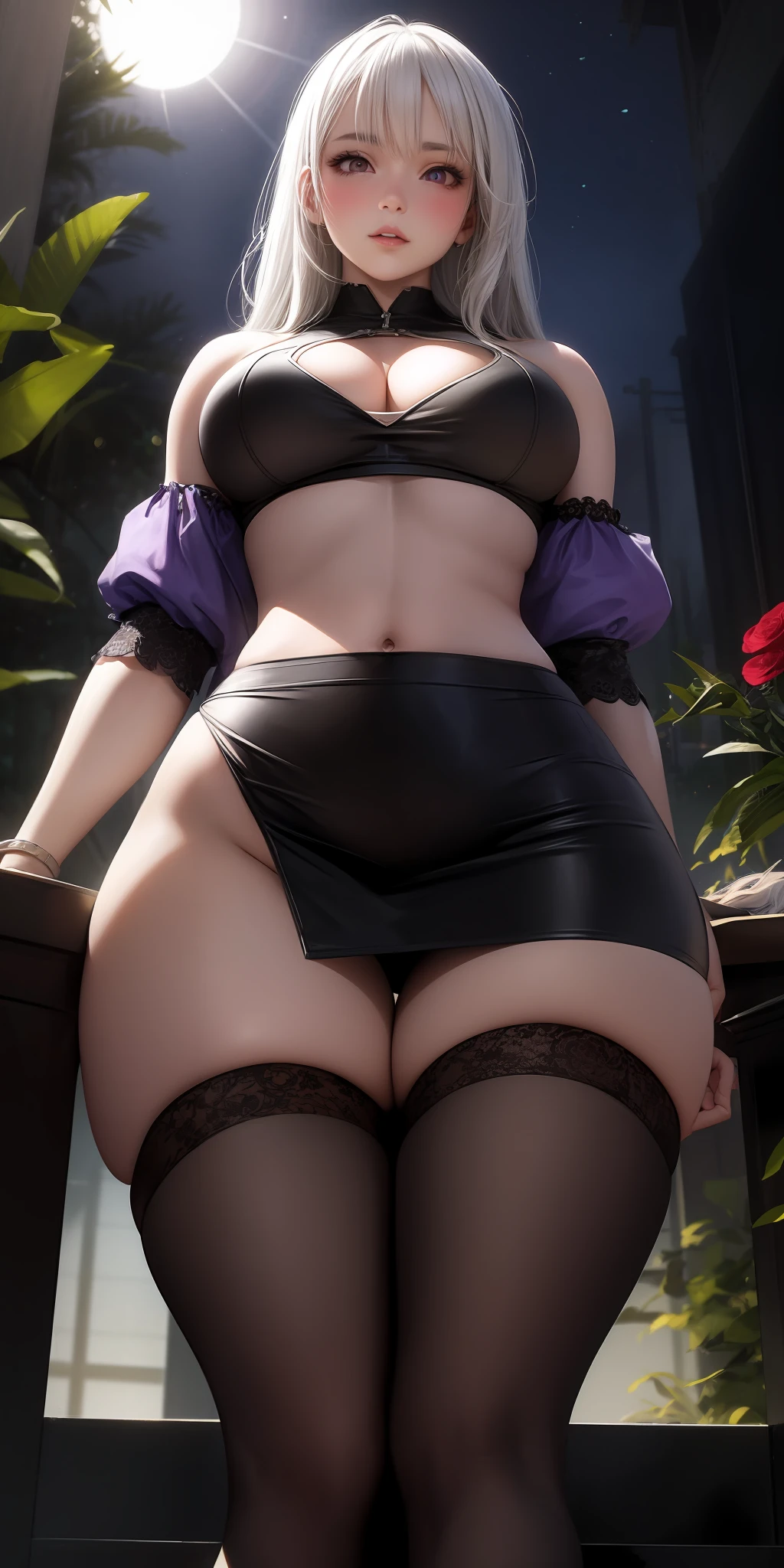 Realistic, 1girl, 5 meters tall, white hair, purple eyes, glowing eyes, cropped top, slit skirt, parted lips, blush, night, flowers, sun, sunlight, wide hips, thick thighs, thighs apart, thigh gaps, ass up, from below, (NSFW: 1.4)