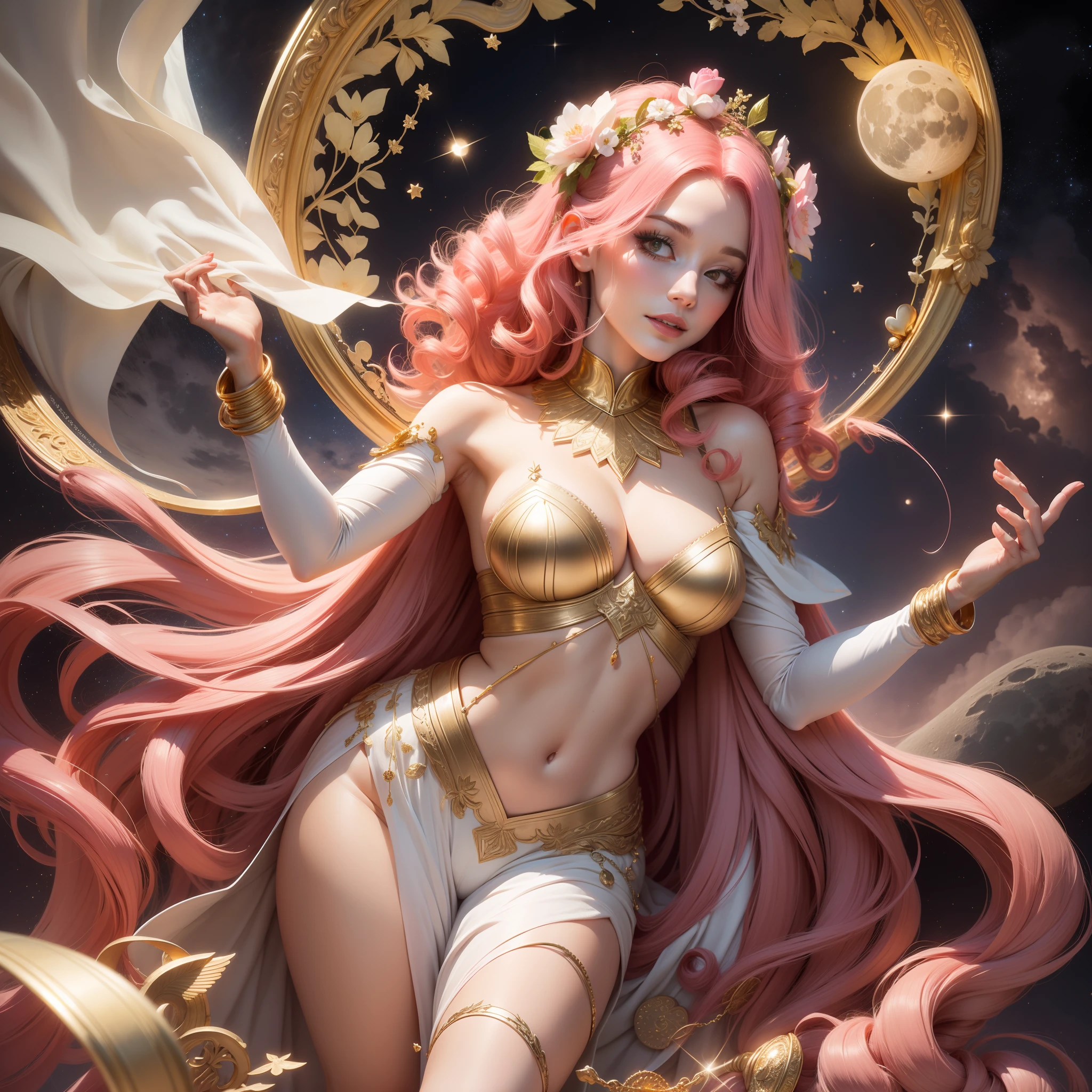 Goddess Aphrodite, pink hair, curly hair, chiton clothes, long white clothes, gold details, glorious pose, colorful hearts, night, moon, stars, bright, illuminated