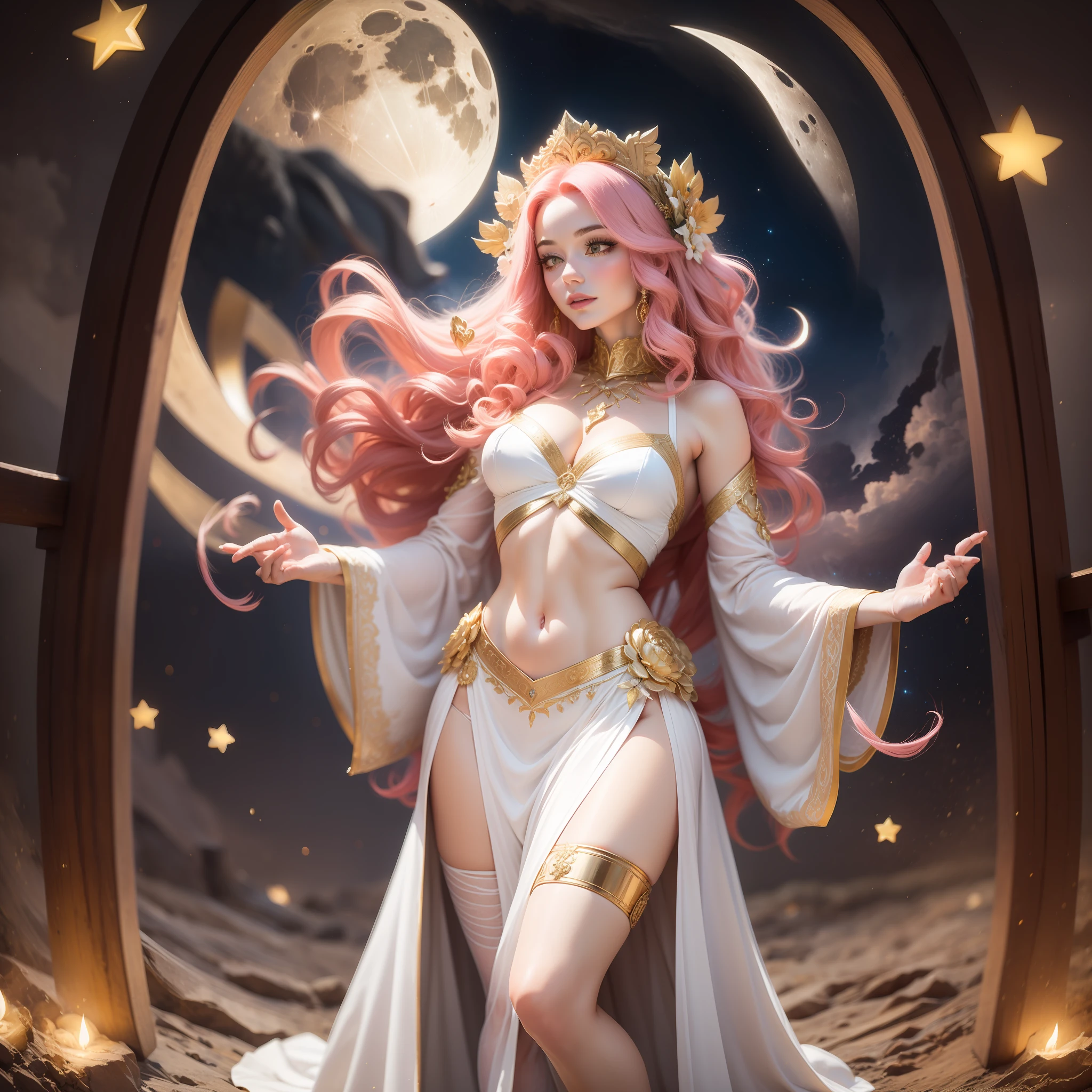 Goddess Aphrodite, pink hair, curly hair, chiton clothes, long white clothes, gold details, glorious pose, colorful hearts, night, moon, stars, bright, illuminated