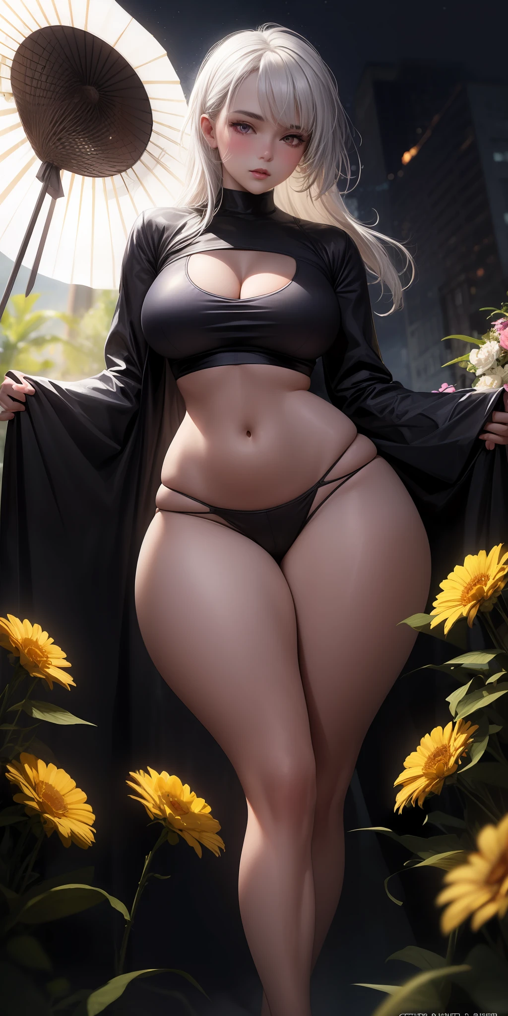 Realistic, 1girl, 5 meters tall, white hair, purple eyes, glowing eyes, cropped top, slit skirt, parted lips, blush, night, flowers, sun, sunlight, wide hips, thick thighs, thighs apart, thigh gaps, ass up, from below, (NSFW: 1.4)