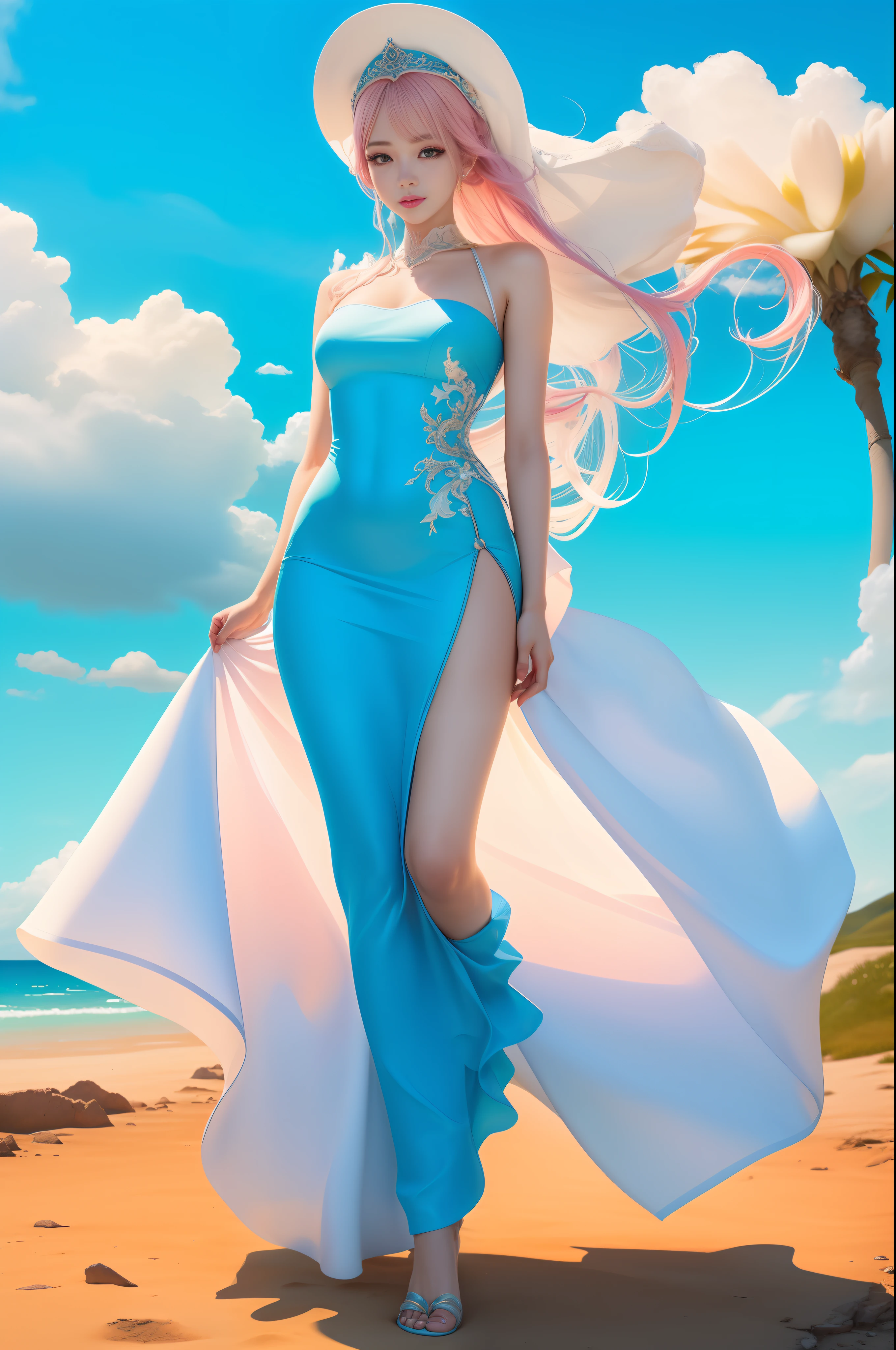 (8k, RAW photo, photorealistic:1.25) ,( lip gloss, eyelashes, glossy side, shiny skin, best quality, ultra high resolution, depth of field, chromatic aberration, caustic, wide light, natural shadow, headwear, kpop idol) ,light pink and blue style, 1girl, (blue sky: 1.5), tall and thin beauty goddess, flowing dress, conservative girl, cloud goddess, flowing white fabric, wearing a flowing dress, realistic, (Blue sky and white clouds in the background: 1.4), (wind: 1.5), (Full body: 1.5), with both feet on the ground and the left foot on tiptoe