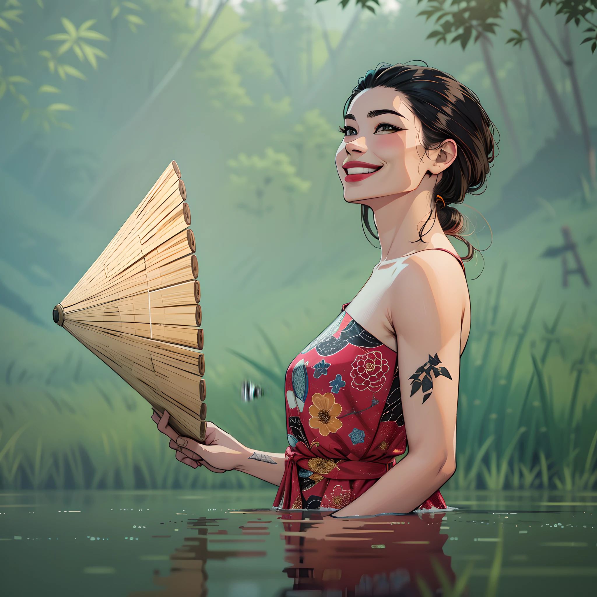 Comic style, inked, lineart style, woman at a lake holding a bamboo hat, smiling, dynamic lighting, cinematic shadows, flat art, uhd