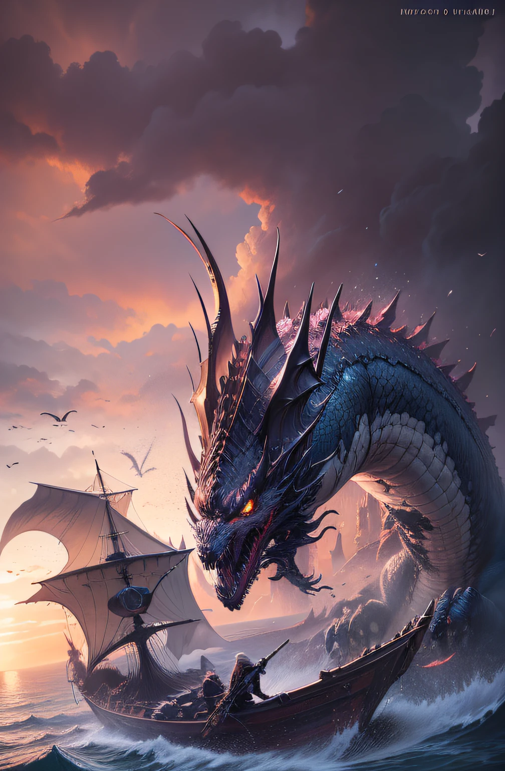 a large dragon attacking a boat in the ocean at sunset, epic fantasy illustration, highly detailed fantasy art, symmetrical epic fantasy art, epic fantasy artwork, hyperrealistic d & d fantasy art, epic fantasy novel cover art, game of throne art, detailed fantasy art, battle with dragon, epic fantasy art, realistic fantasy artwork, winds of winter, drogon, dragon art --auto