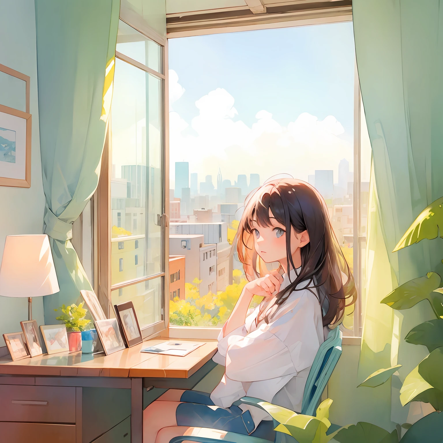 Girl's room, sitting on chair, 1 woman, shoulder-length wavy hair, looking out the window City view outside, watercolor, narrow eyes, lonely face