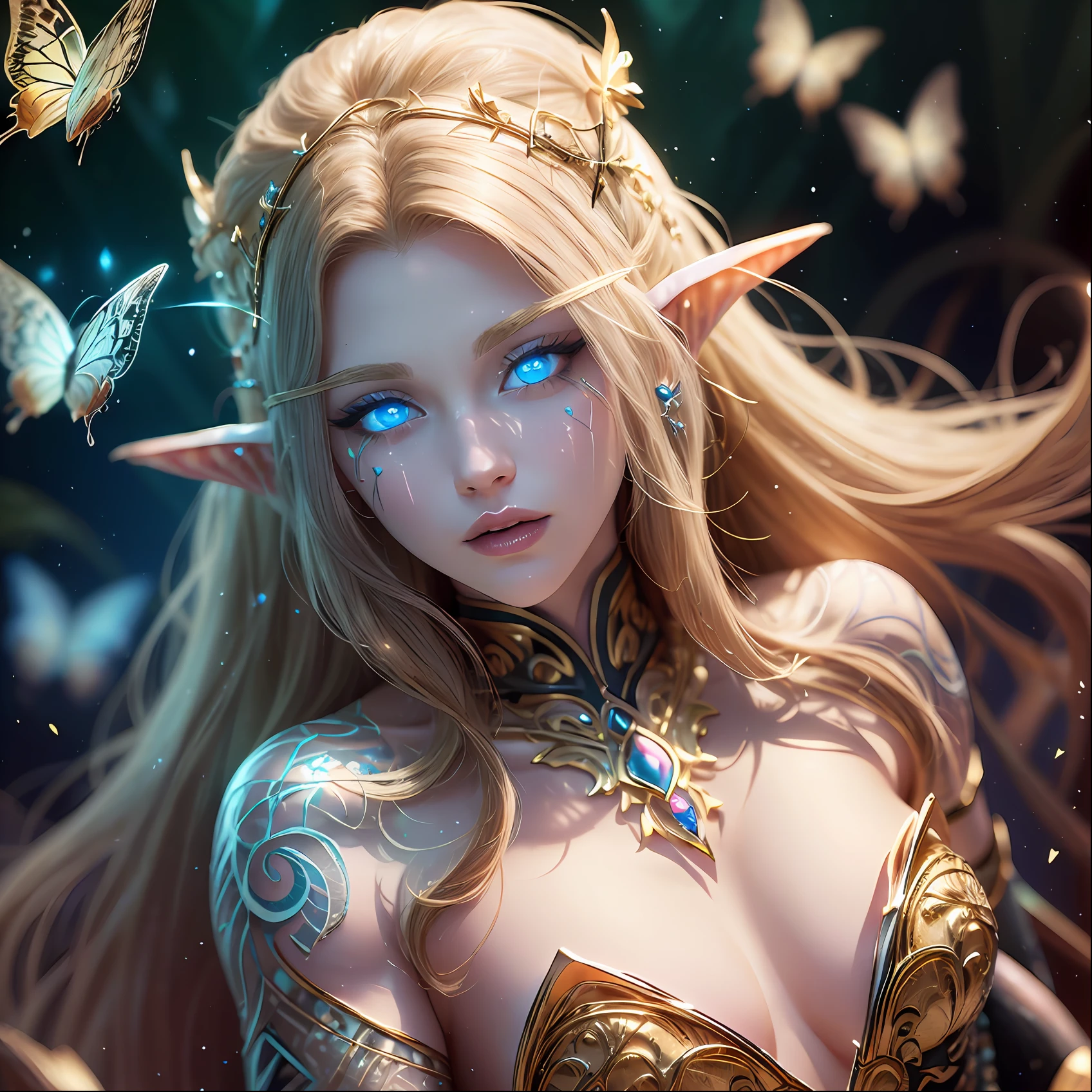beautiful elf, fantasy style, blue eyes,hero pose, beautiful tattoo on your body,((intricate details)), hdr, Dramatic type,magic, long blonde hair, armor covering parts of your body in white and gold details, black forest background, magic, fairies, and neon yellow butterflies