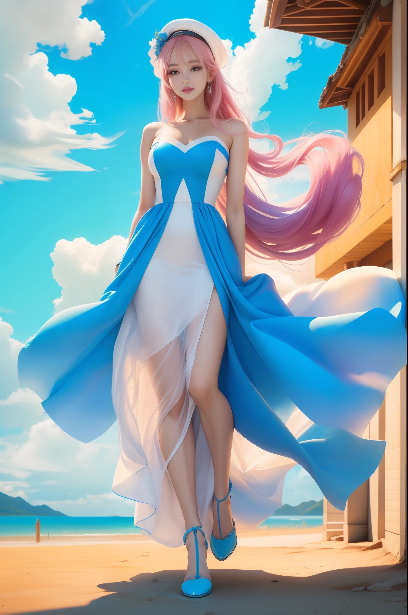 (8k, RAW photo, photorealistic:1.25) ,( lip gloss, eyelashes, glossy side, shiny skin, best quality, ultra high resolution, depth of field, chromatic aberration, caustic, wide light, natural shadow, headwear, kpop idol) ,light pink and blue style, 1girl, (blue sky: 1.5), tall and thin beauty goddess, flowing dress, conservative girl, cloud goddess, flowing white fabric, wearing a flowing dress, realistic, (blue sky and white clouds in the background: 1.4), (wind: 1.5), (full body: 1.5), right leg in front,