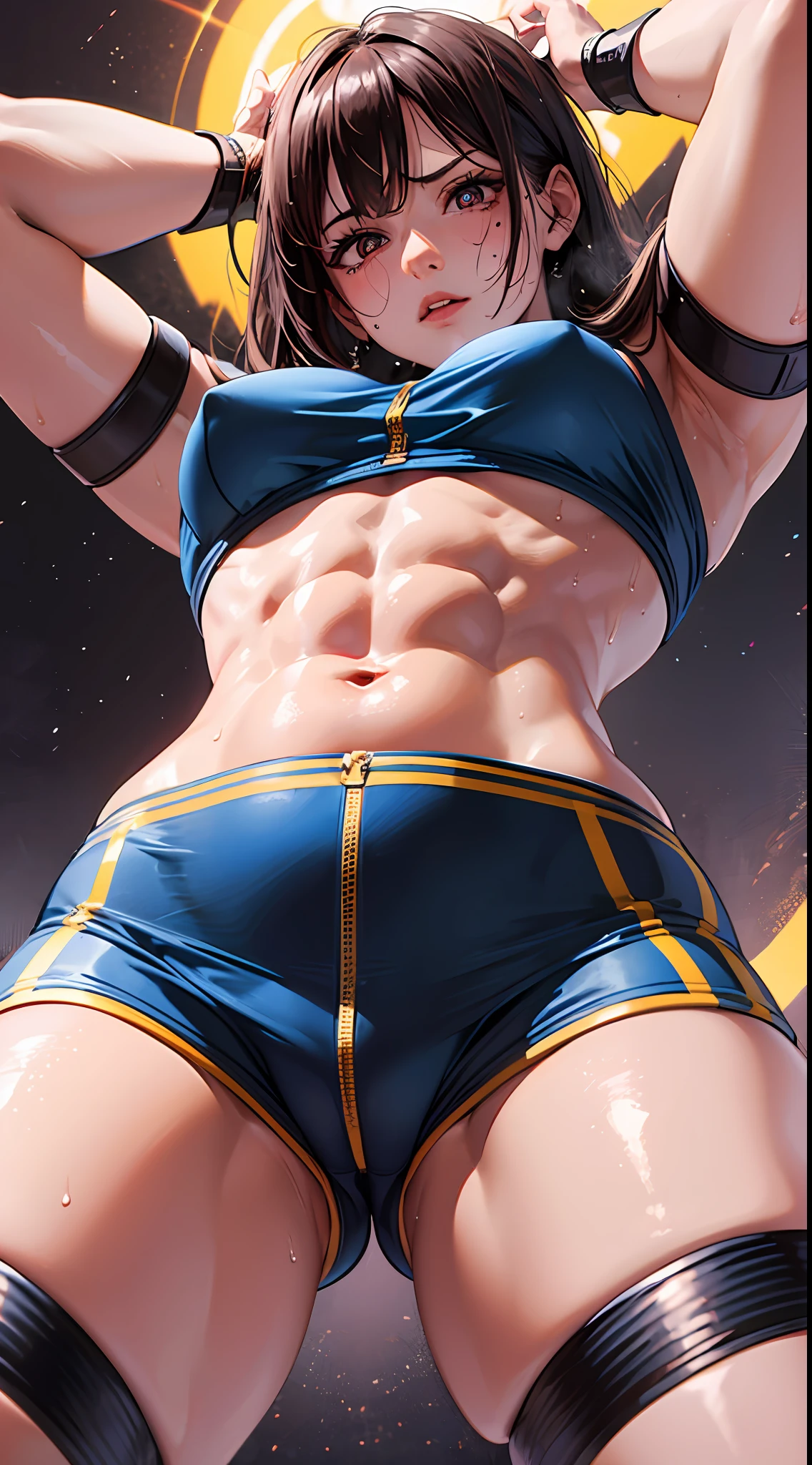 1girl, detailed pupils, thick thighs, muscular legs, sweating, 4k, ambient lighting, abs, (POV from below:1.3), elevated, chunli_alpha, wiping sweat from forehead,